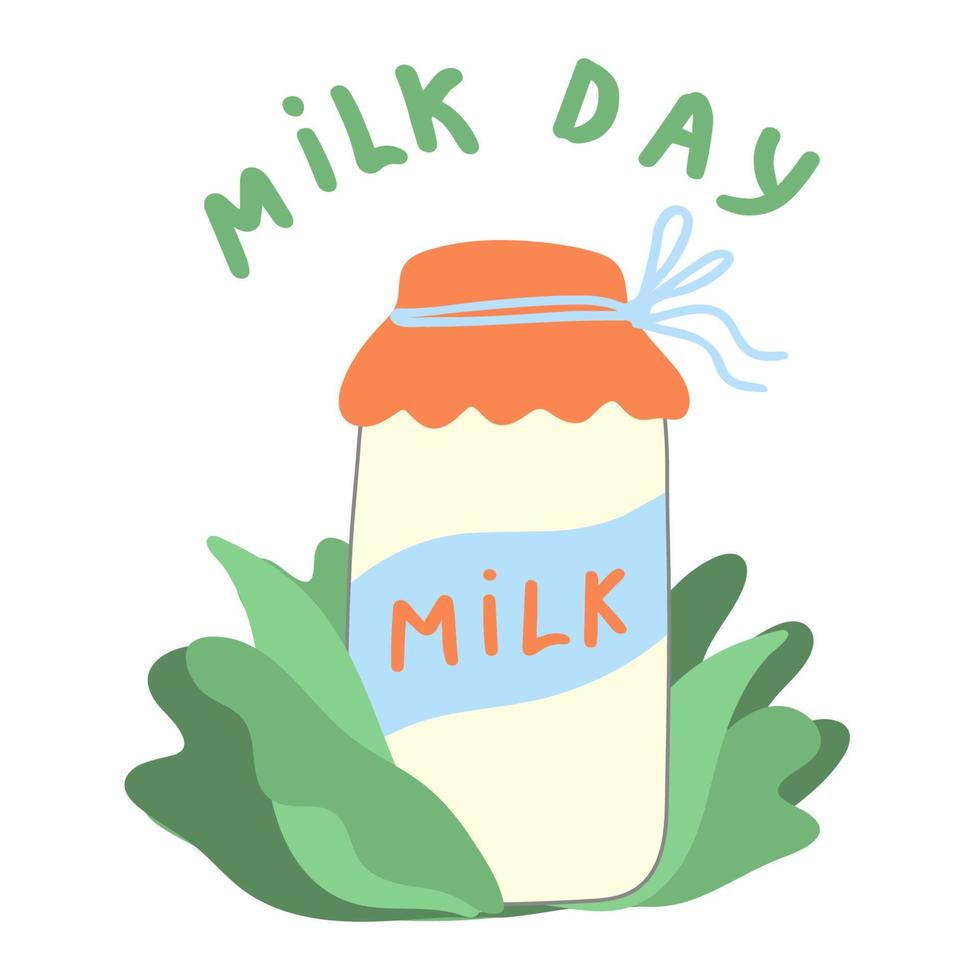 Bank with milk in foliage. June 1 is the holiday of milk. Healthy food. Label, label or design. Vector illustration.