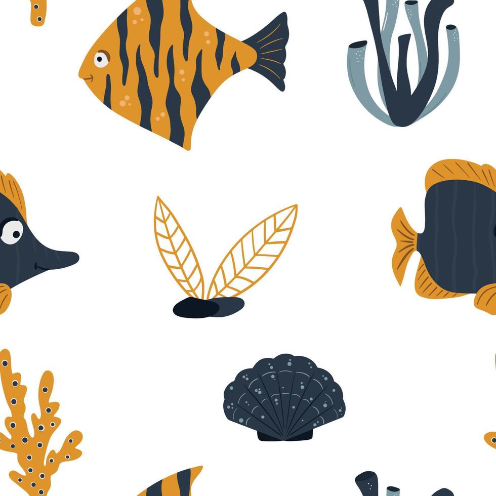 patrón infantil impecable con peces divertidos y animales marinos. textura infantil para telas, embalajes, textiles, papel pintado, ropa. fondo vectorial vector