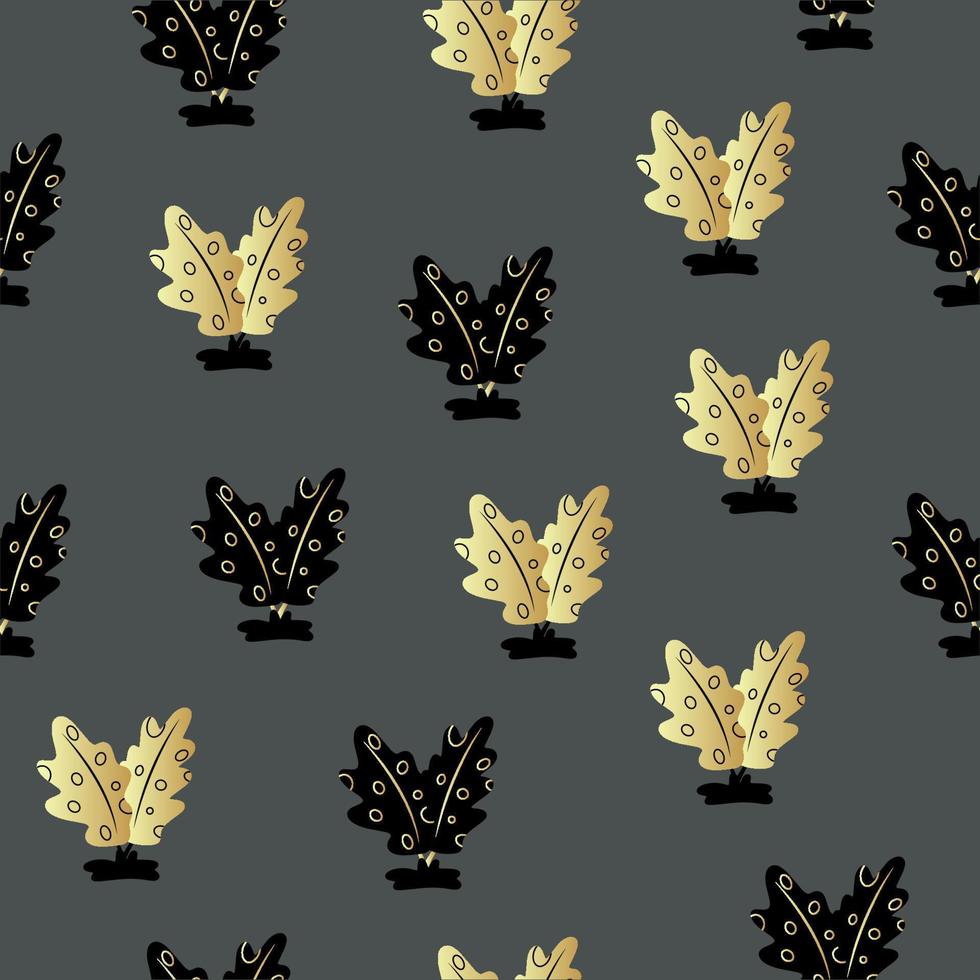 Seamless pattern of gold and black flowers and plants. Template for the design of fashionable fabrics, home textiles, clothing, paper, wallpaper, unusual packaging, curtains. Vector illustration.