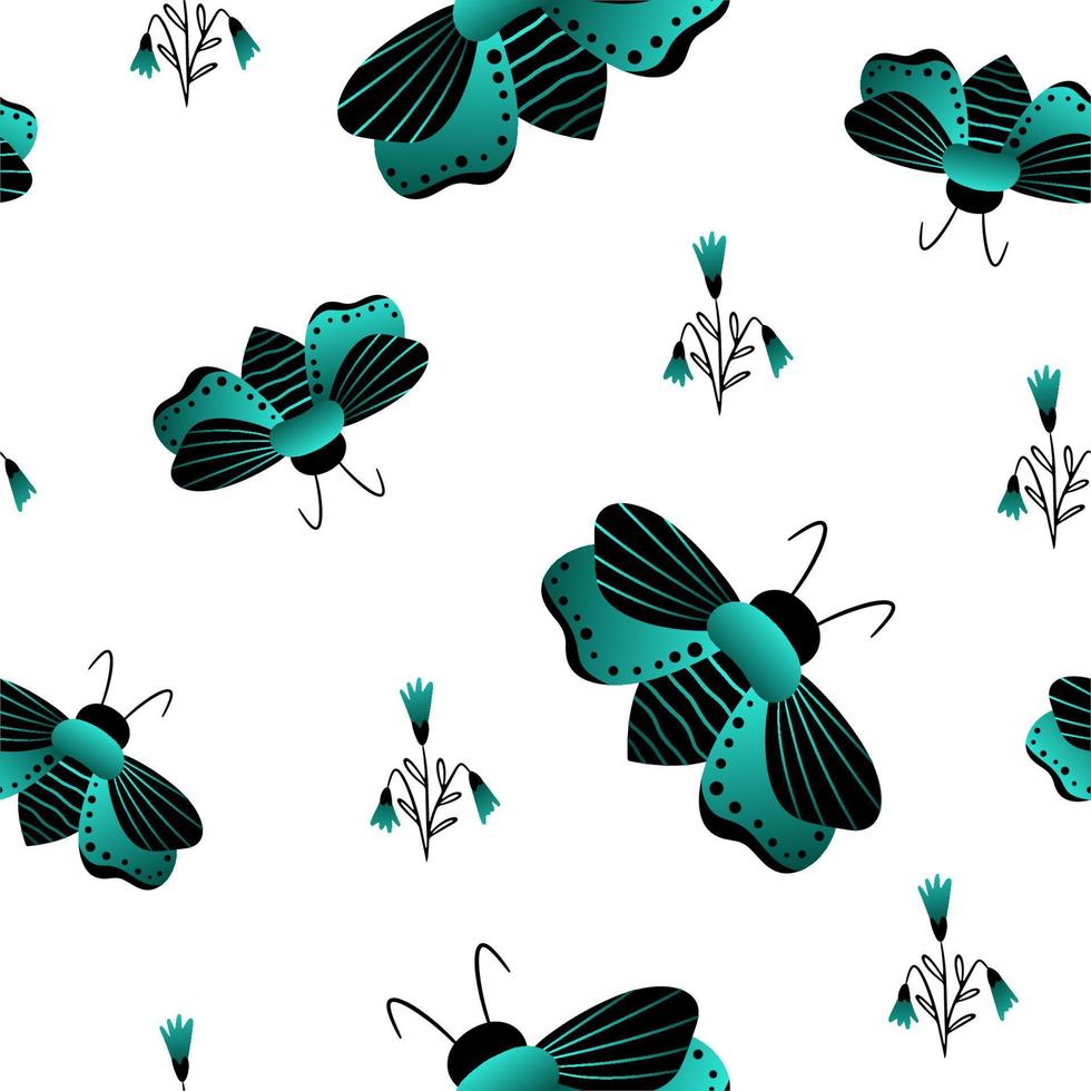 Seamless pattern of gradient and black butterflies. Template for the design of fashionable fabrics, home textiles, clothing, paper, wallpaper, unusual packaging, curtains. Vector illustration.