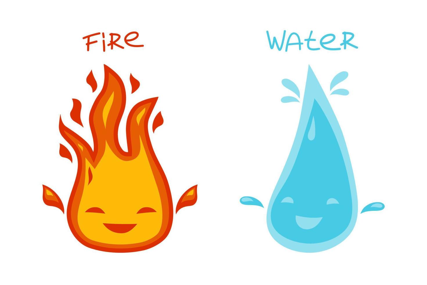 Fire flame and water drop cute character isolated on a white background. Vector flat cartoon illustration.