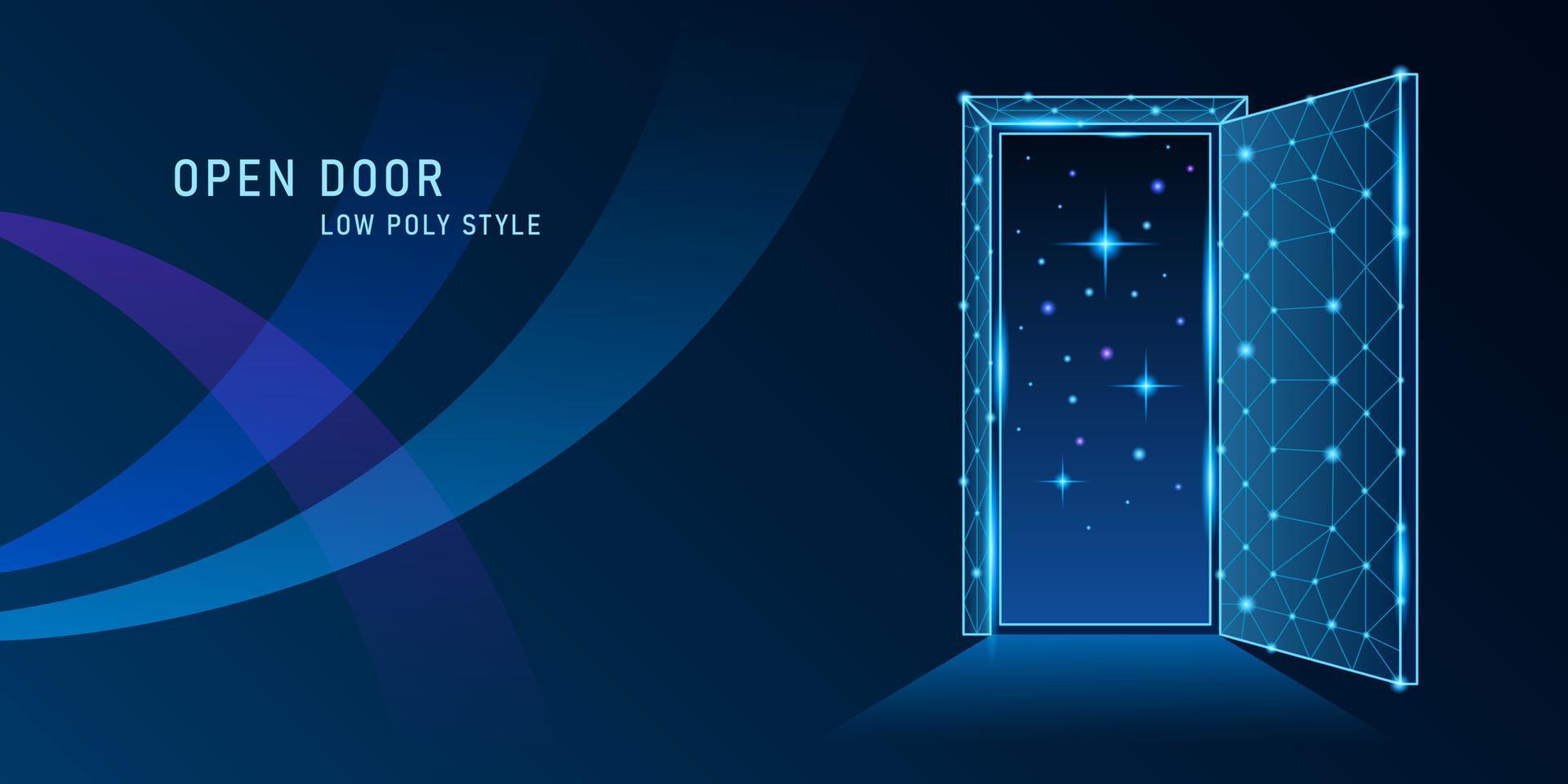 puerta abierta low poly en el cielo estrellado sobre fondo azul oscuro vector