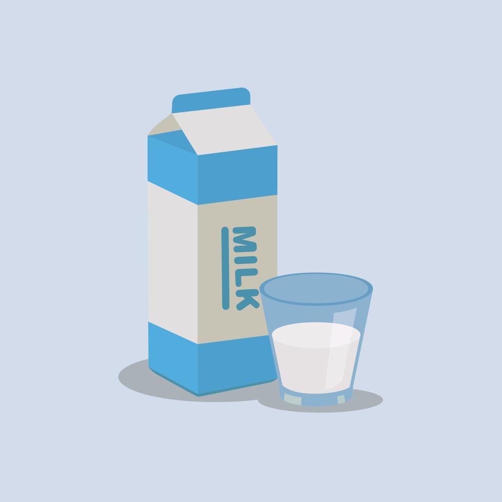 ilustración de un envase de cartón de leche y un vaso de leche aislado en un fondo azul pastel vector