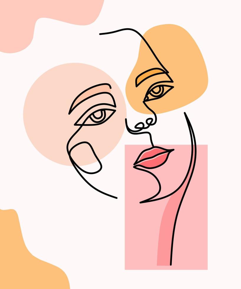Woman face portrait in continuous one line drawing style. Minimalist design art with abstract shapes. vector