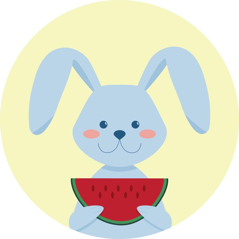 Cute rabbit with watermelon. Symbol of the new year. Hello summer postcard. Flat cartoon vector illustration.