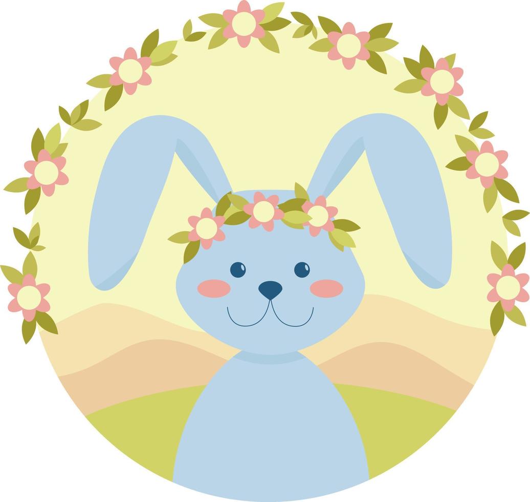 Cute rabbit on nature background. Symbol of the new year. Hello spring postcard. Flat cartoon vector illustration.