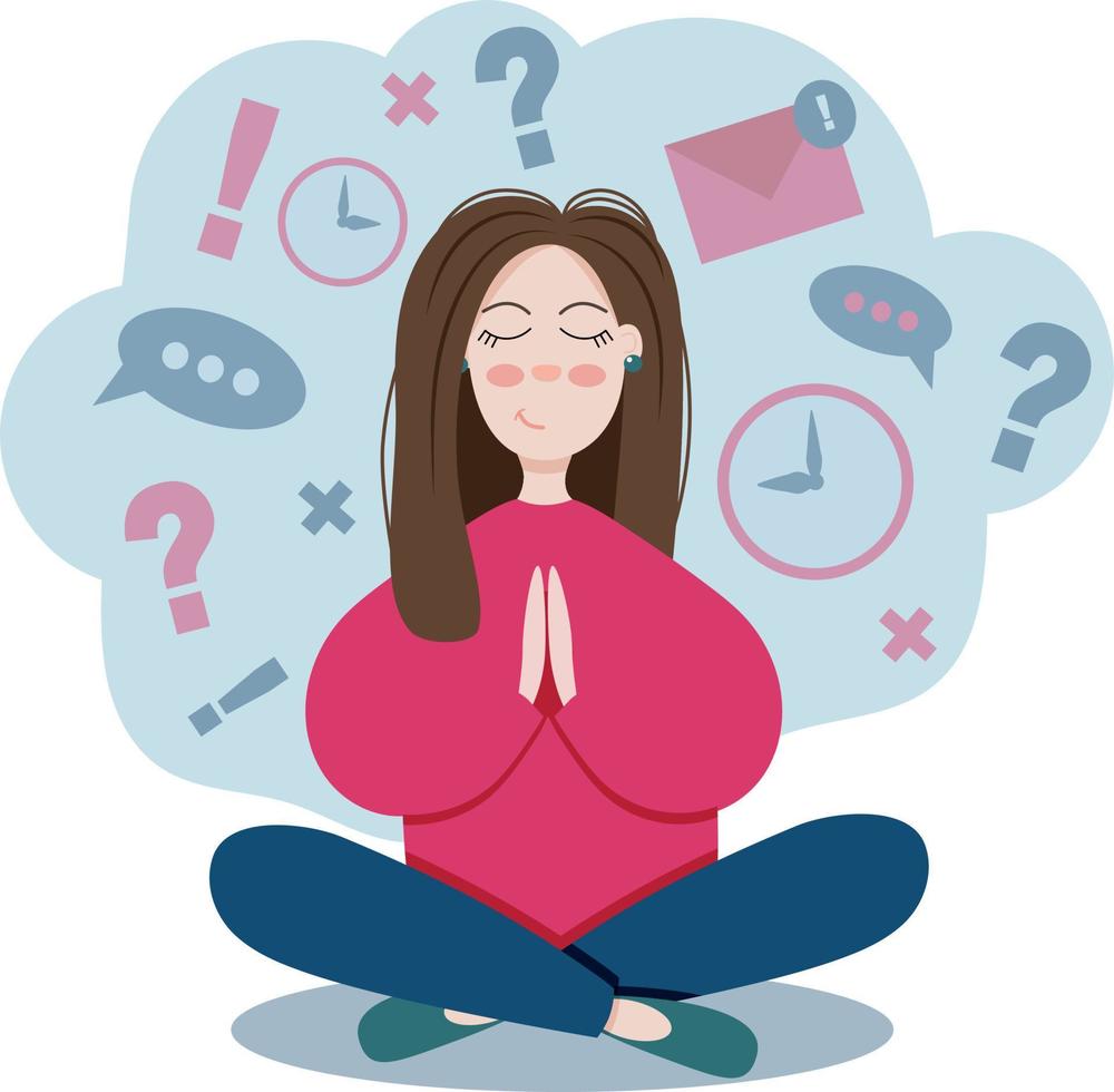 Busy businesswoman doing yoga meditation on the desk with multitasking and multi skill. Flat cartoon illustration. vector