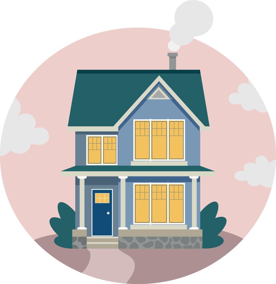 Residential two story cozy house. Facade of a country building. Cottage rent. Vector illustration in flat cartoon style