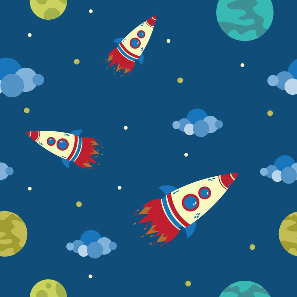 Bright multicolored space pattern with rockets, clouds, planets. Flat vector illustration.
