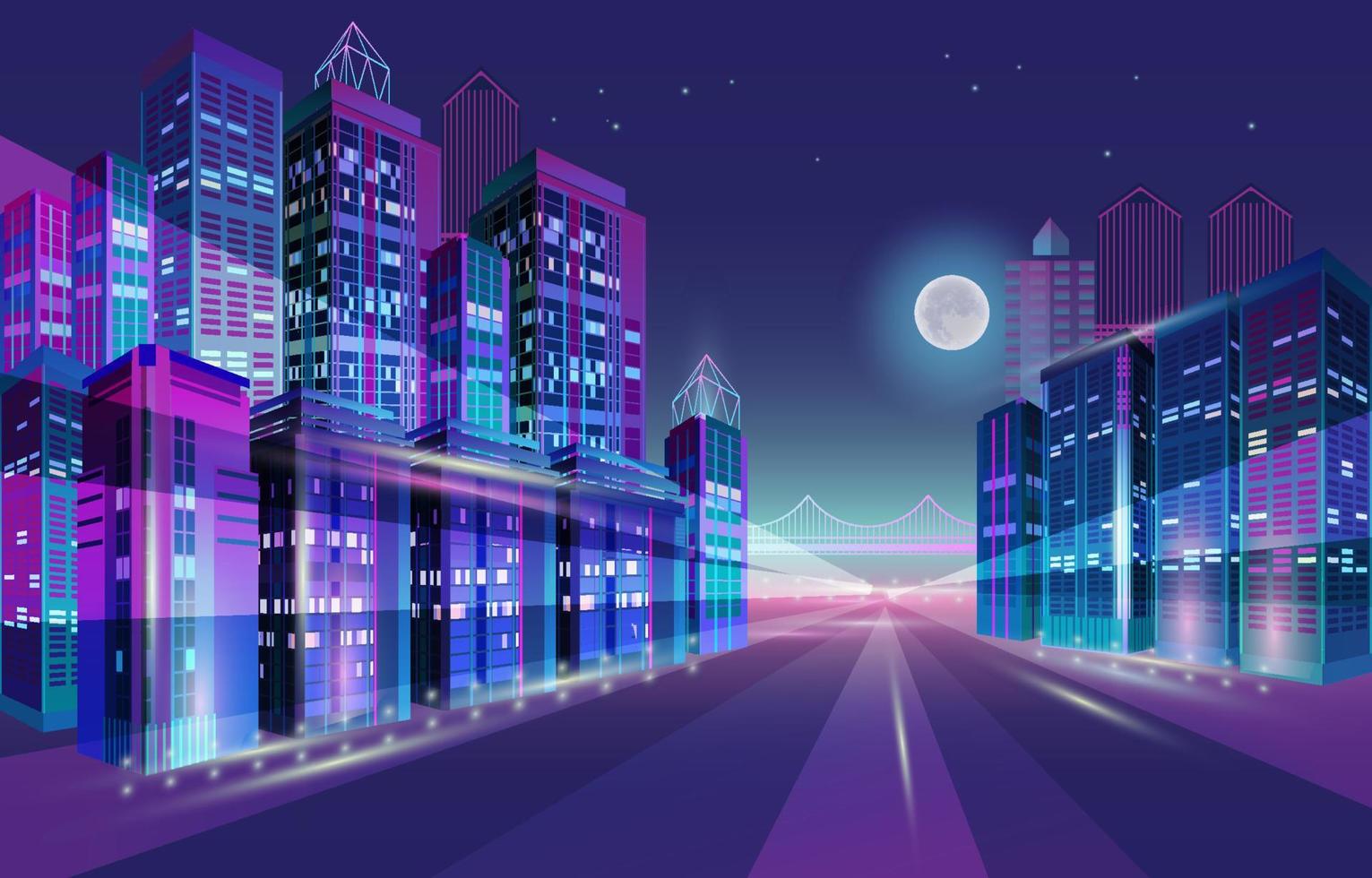 Night city panorama with moon and neon glow. Vector illustration.