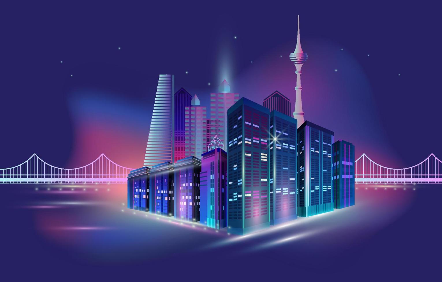 Night city panorama with neon glow. Vector illustration.