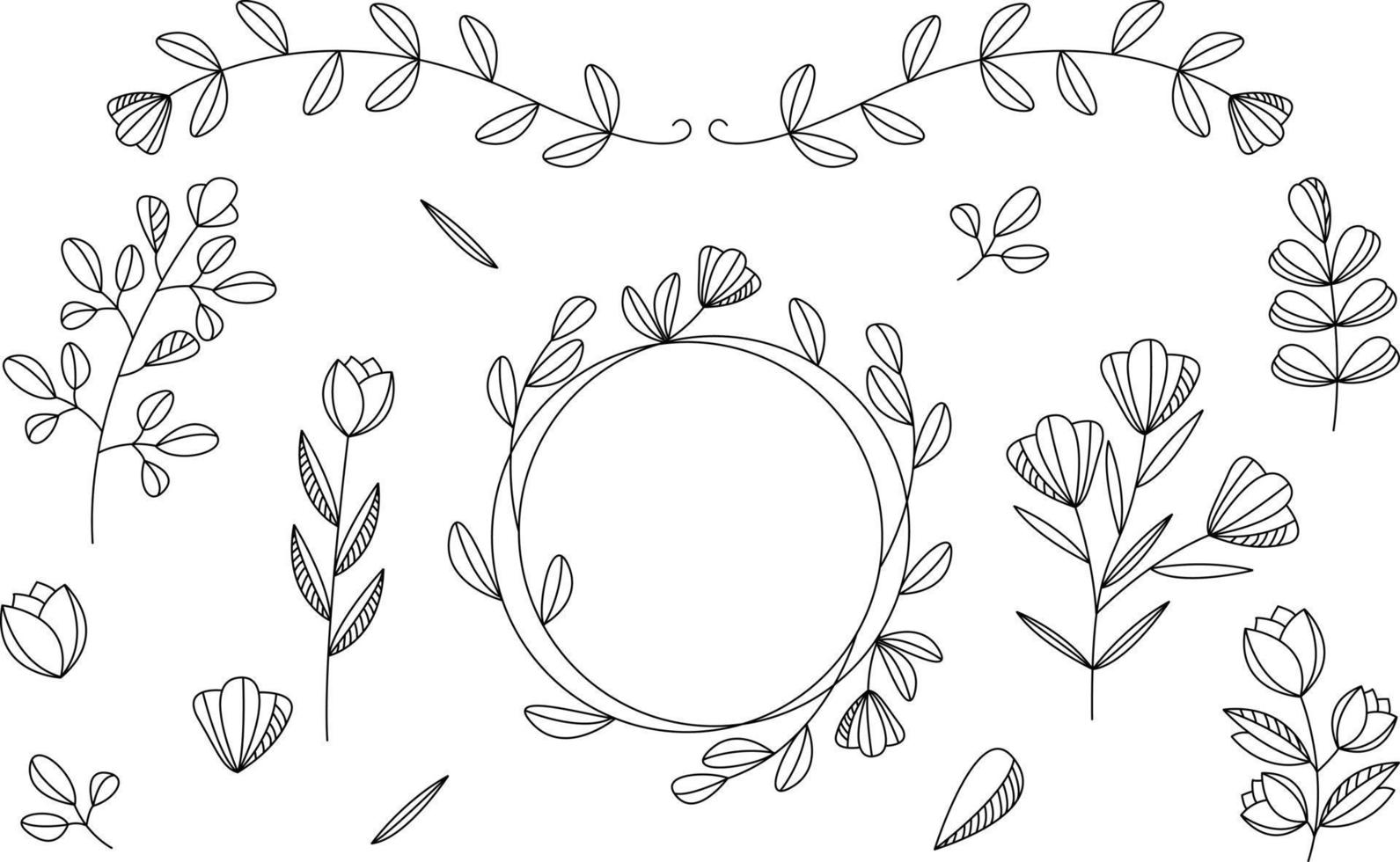 Vector collection of hand plants. Botanical set of sketchy flowers and branches.