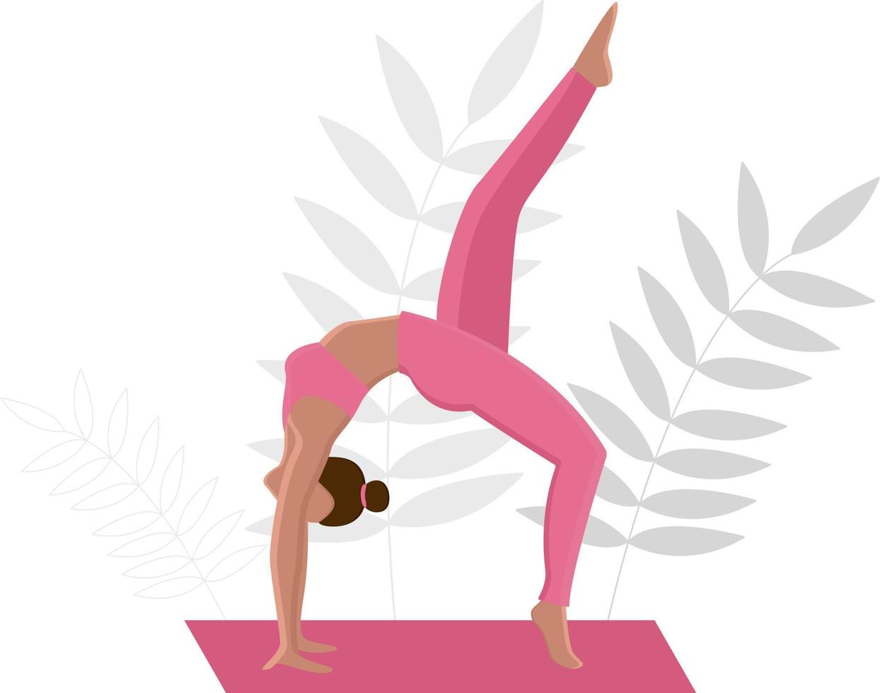 woman yoga asana leg raised up on a background of leaves vector