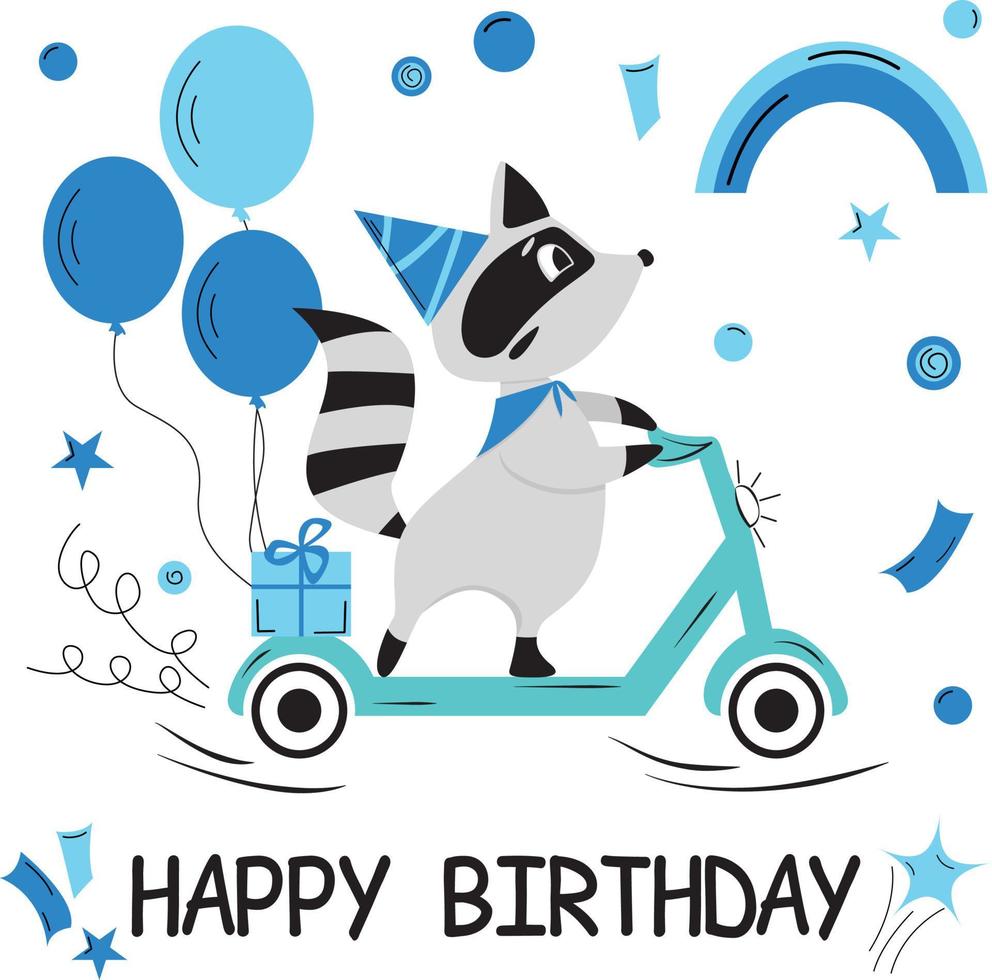 fondo de cumpleaños, mapache en una gorra monta un scooter en la carretera con globos. ilustración para tarjeta de felicitación de cumpleaños para niños o póster en vector. vector