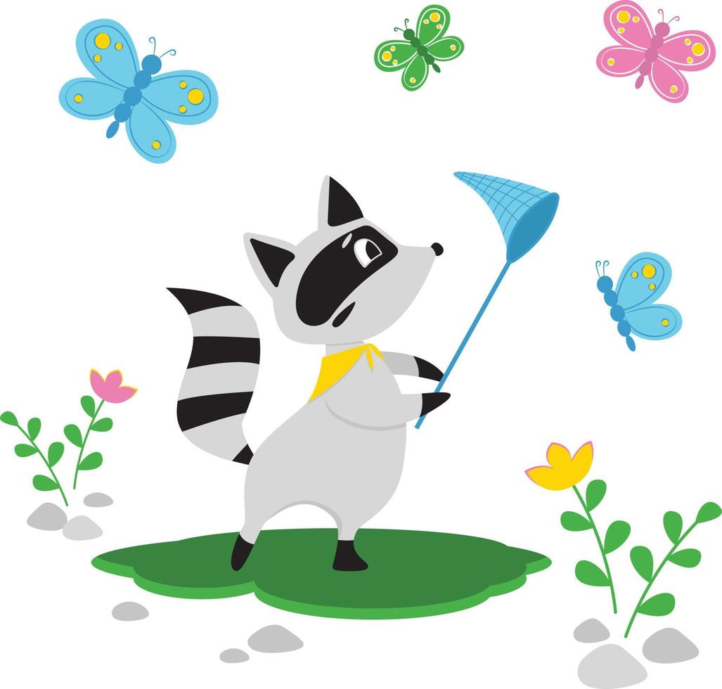 Vector illustration. Raccoon catches butterflies in the flower garden.  Vector illustration for kids. Greeting card or poster for nursery or kids room, kids wear design in vector.