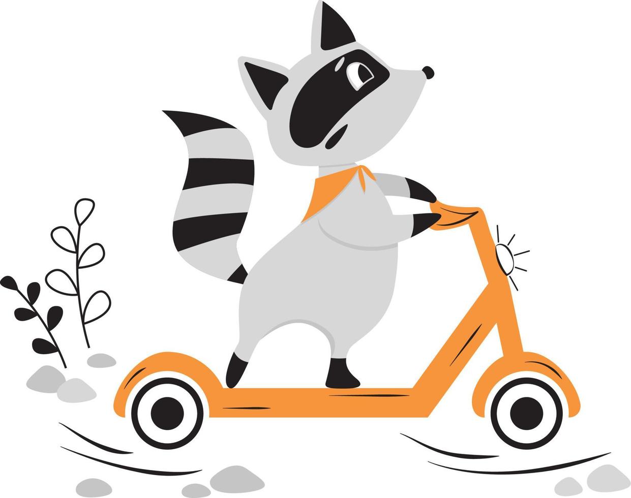 Raccoon rides a scooter on the road. Vector illustration for kids. Can be used for shirt design, fashion print design, kids wear, greeting card.