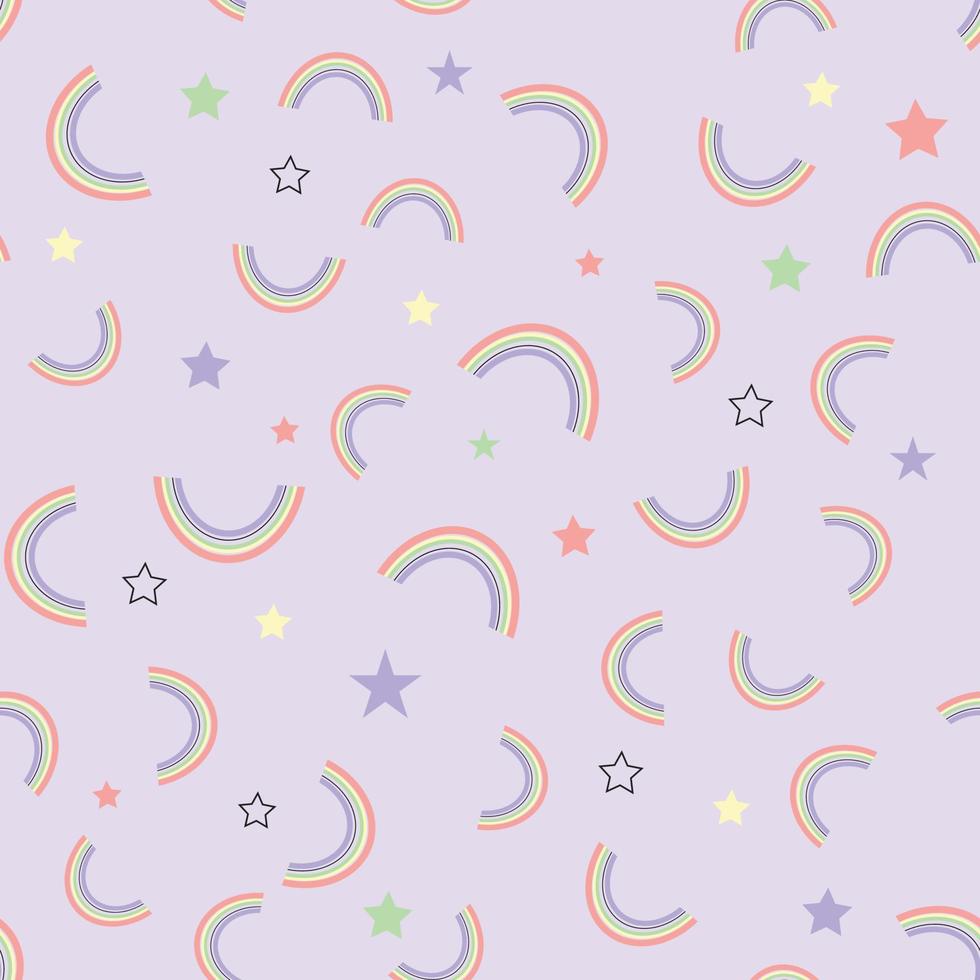 Seamless baby pattern with hand drawn rainbows and stars on a violet background. Creative kids texture for fabric, wrapping, textile, wallpaper, apparel. Vector illustration.