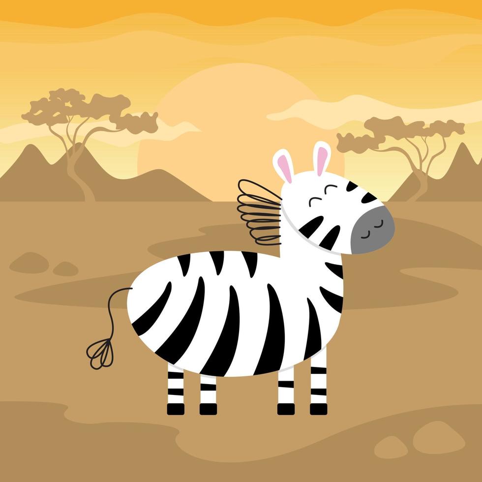 Vector illustration. A zebra walks on the savannah. Vector illustration for kids. Greeting card or poster for nursery or kids, baby clothes design in vector.