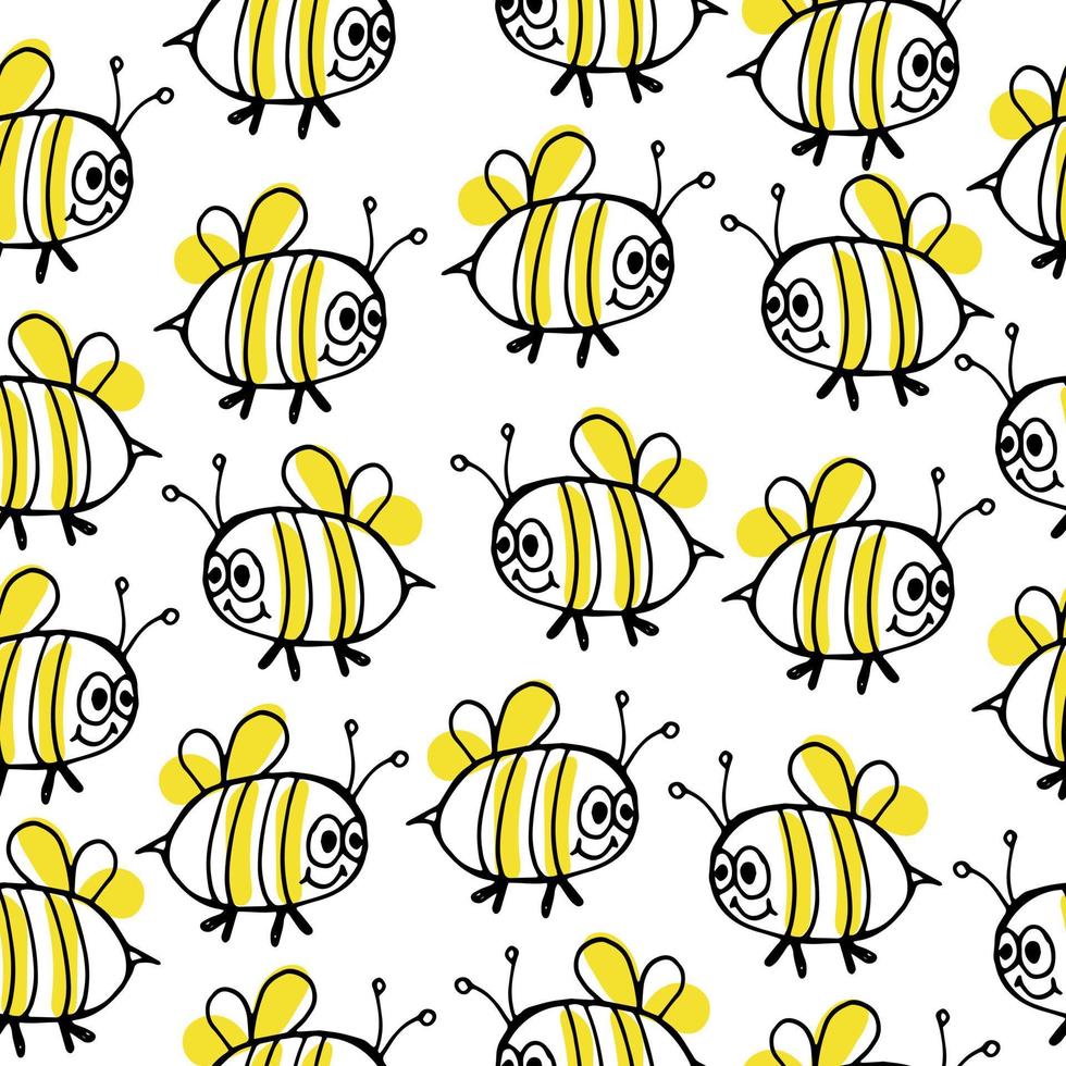 Seamless scandinavian pattern with cute doodle outline hand drawn bee. vector