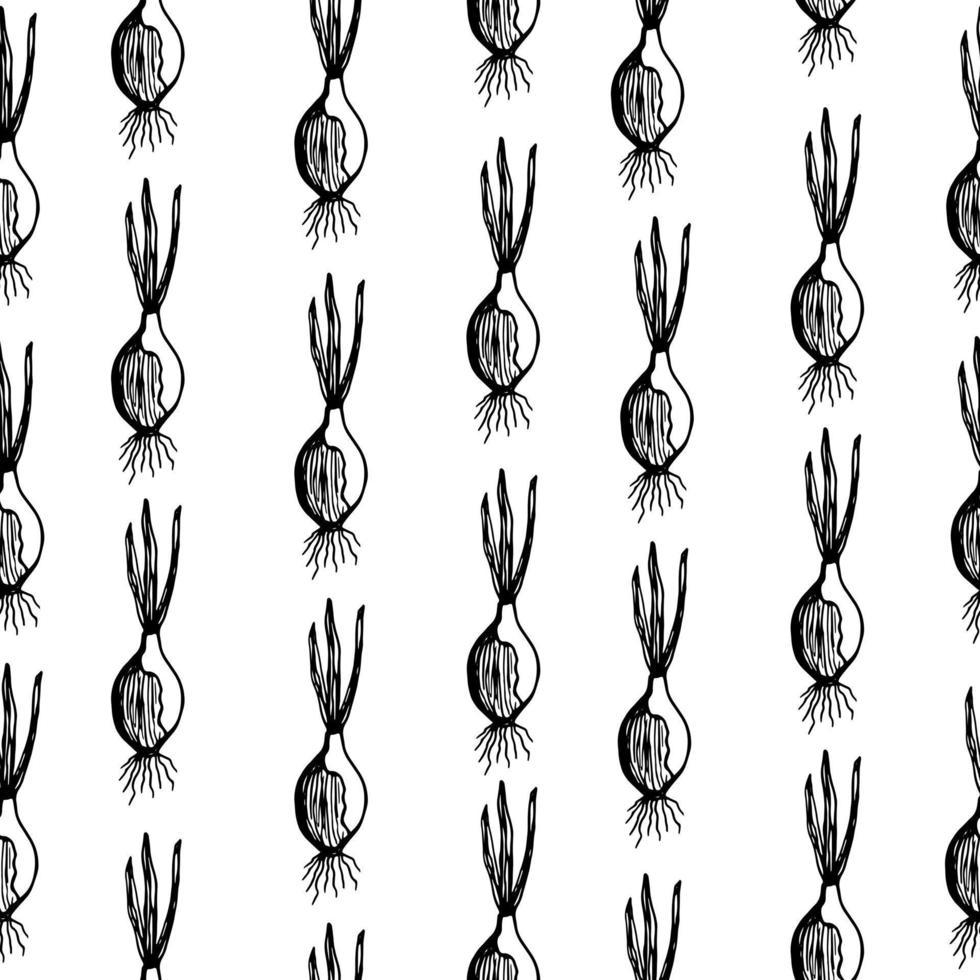 Seamless scandinavian pattern with cute doodle outline tulip plant bulb. vector
