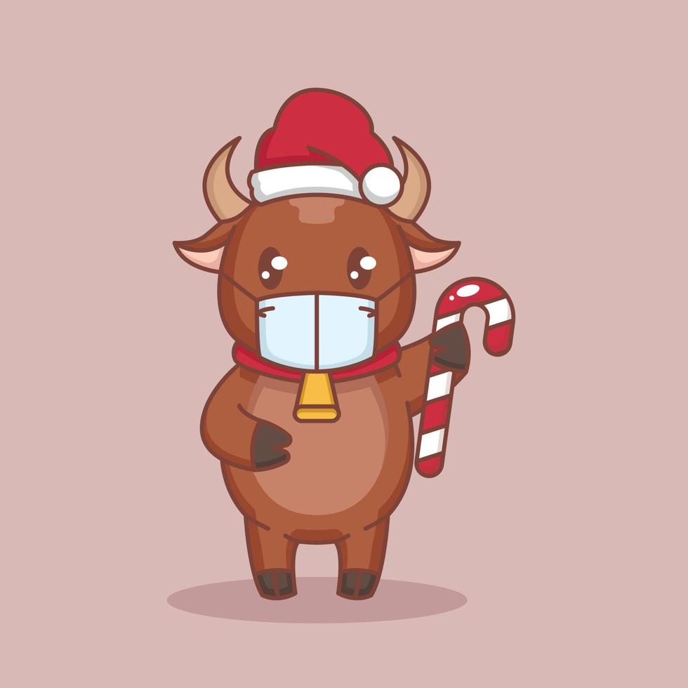 Christmas and happy new year bull with face mask vector