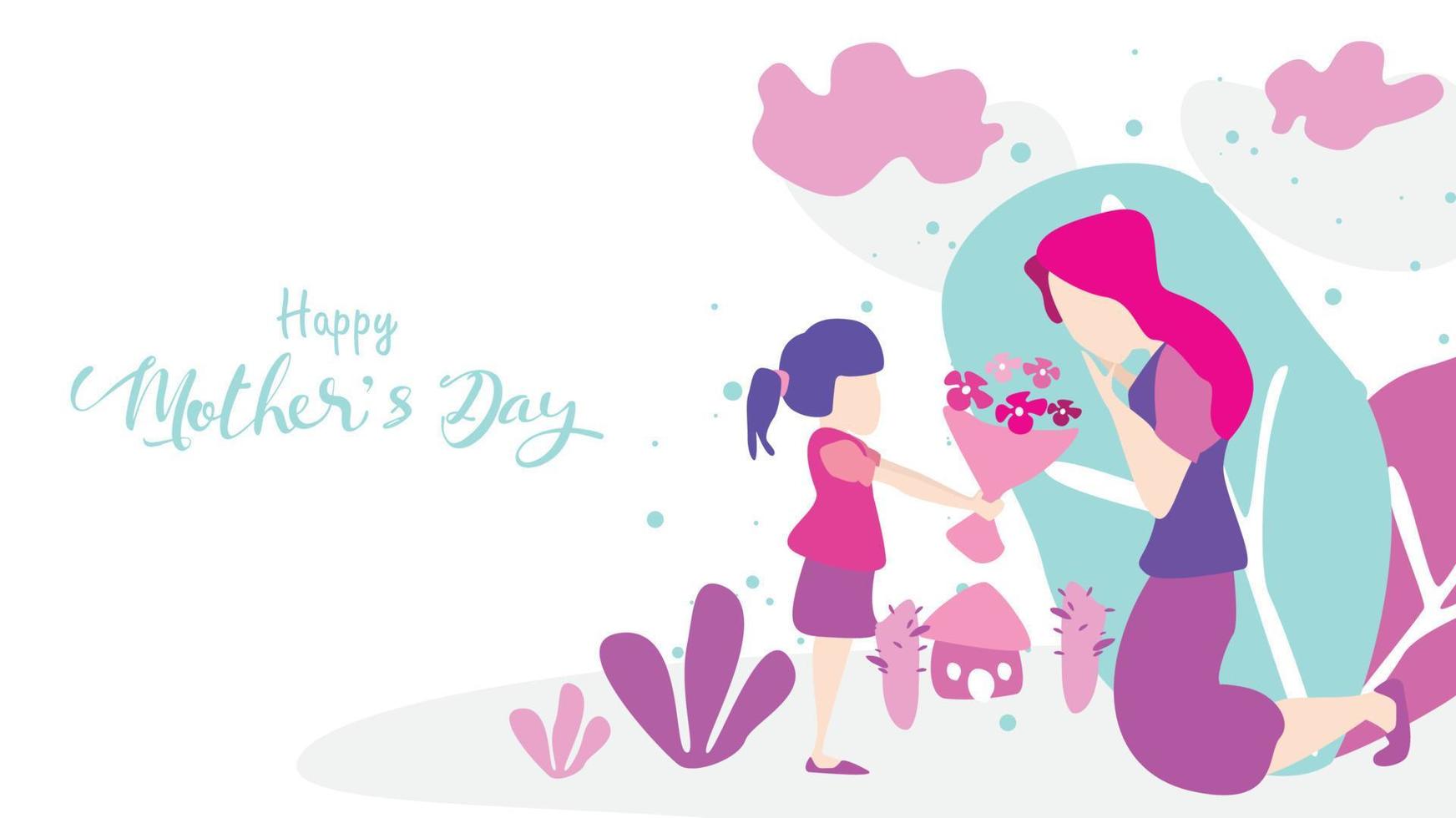 Happy mother's day Child daughter congratulates mom and gives her flowers tulips. Mum smiling and surprising. Vector illustration flat design style. - Vector