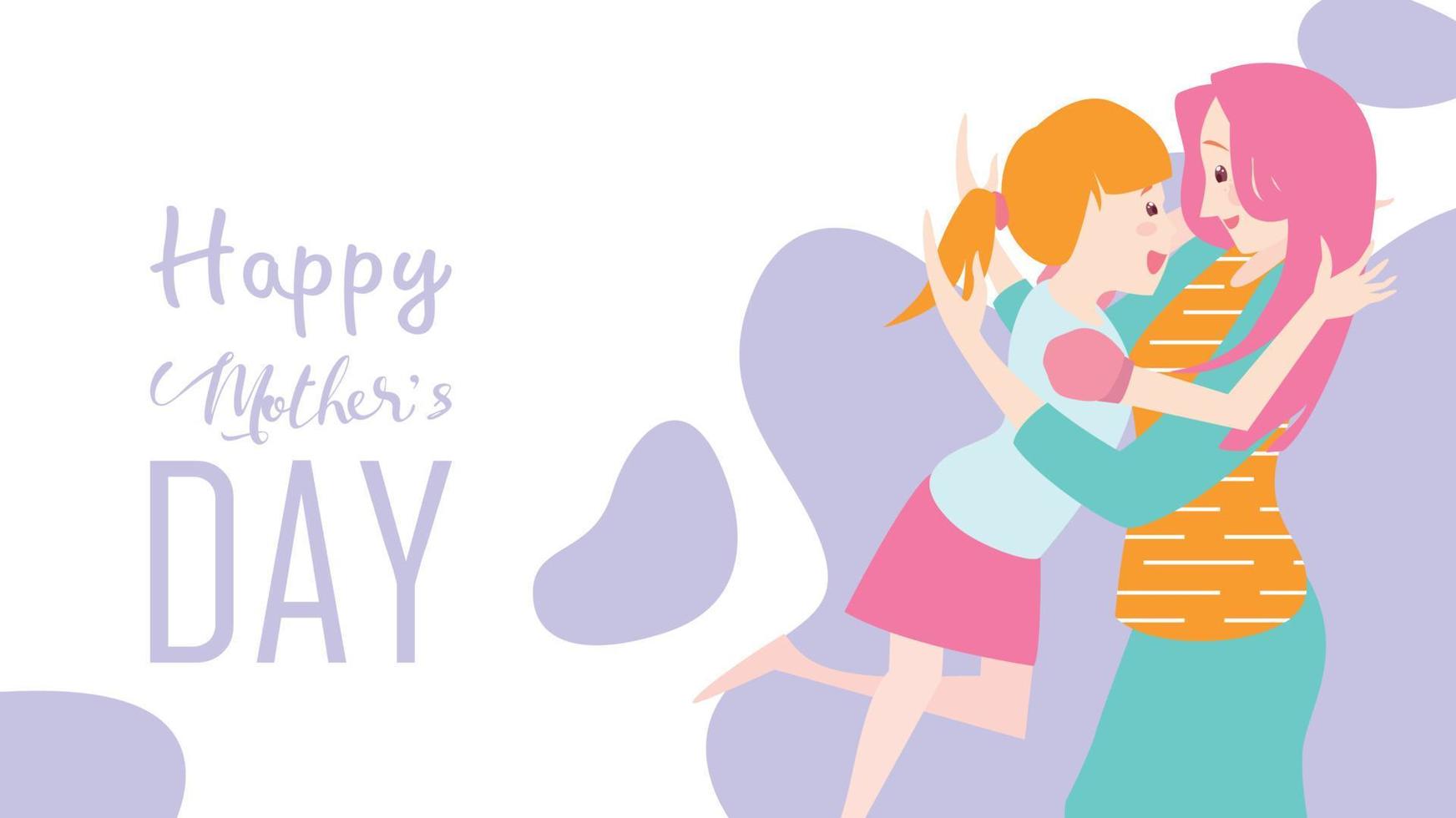 ilustración vectorial estilo de diseño plano feliz día de la madre hija corriendo y abrazando a su madre para felicitar con fondo de forma líquida. colorido estilo de dibujos animados plana vector