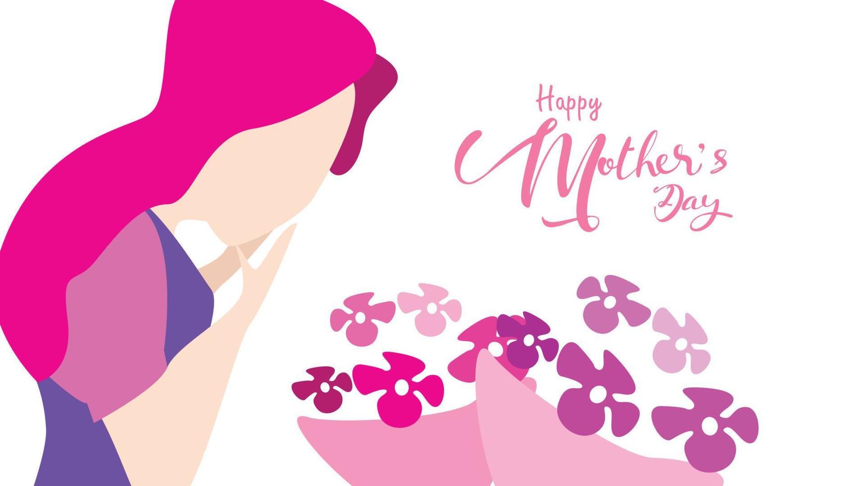 Happy mother's day Close up portrait of young beautiful woman smiling and surprising. Attractive woman with tulip flowers . Spring bouquet. Vector illustration flat design style. - vector