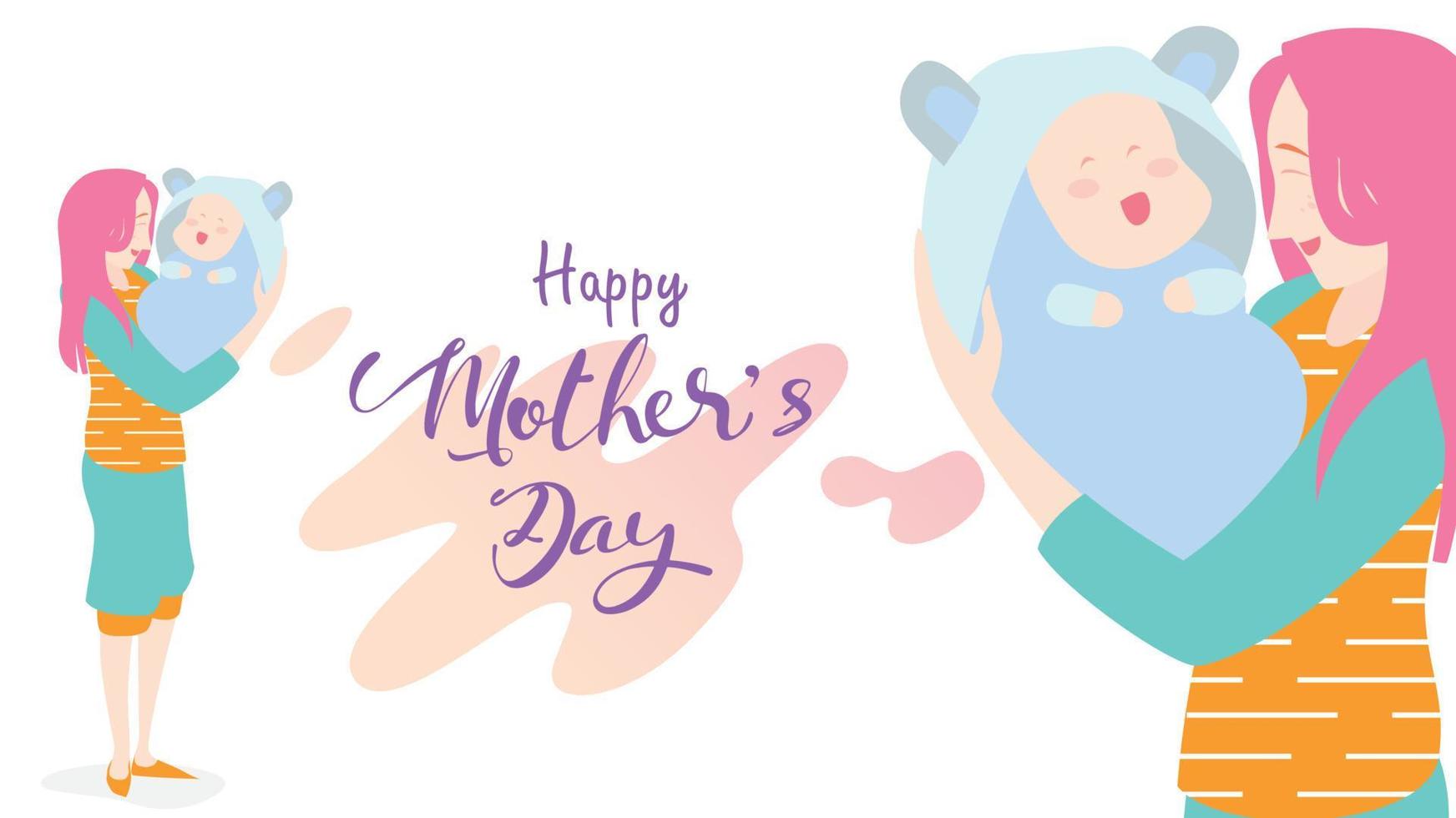 Happy mother's day beautiful Mum laughing, smiling and holding healthy baby with happy. Colorful vector illustration flat design style. Flat cartoon style. - vector