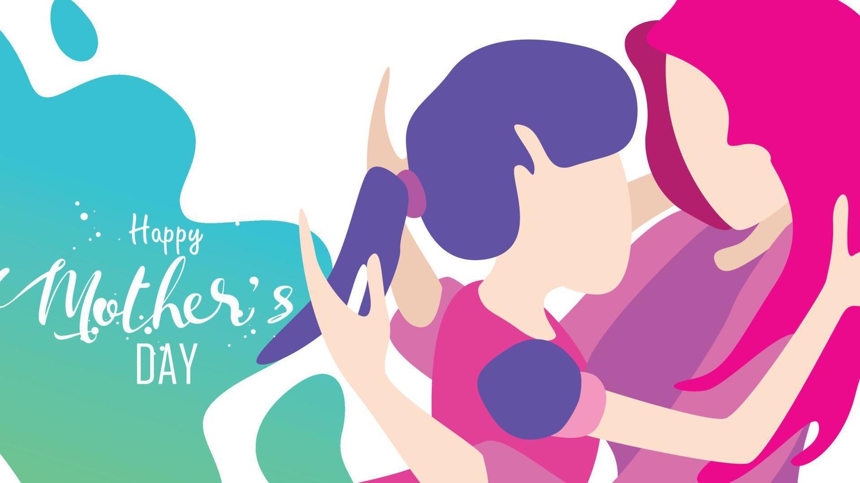 Happy mother's day Child daughter running and hugging to her mum to congratulate with liquid shape background. Vector illustration flat design style. flat cartoon style. - vector
