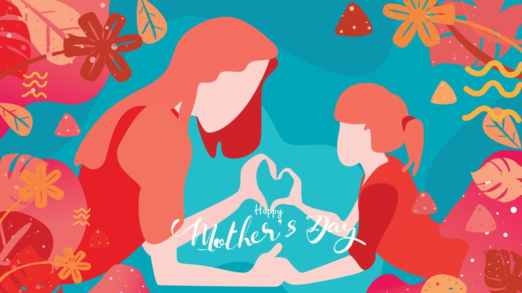 Happy mother day Child daughter congratulates mom playing and laughing with hands showing heart shape symbol. Vector flat cartoon design style with living coral color trendy 2019. - vector