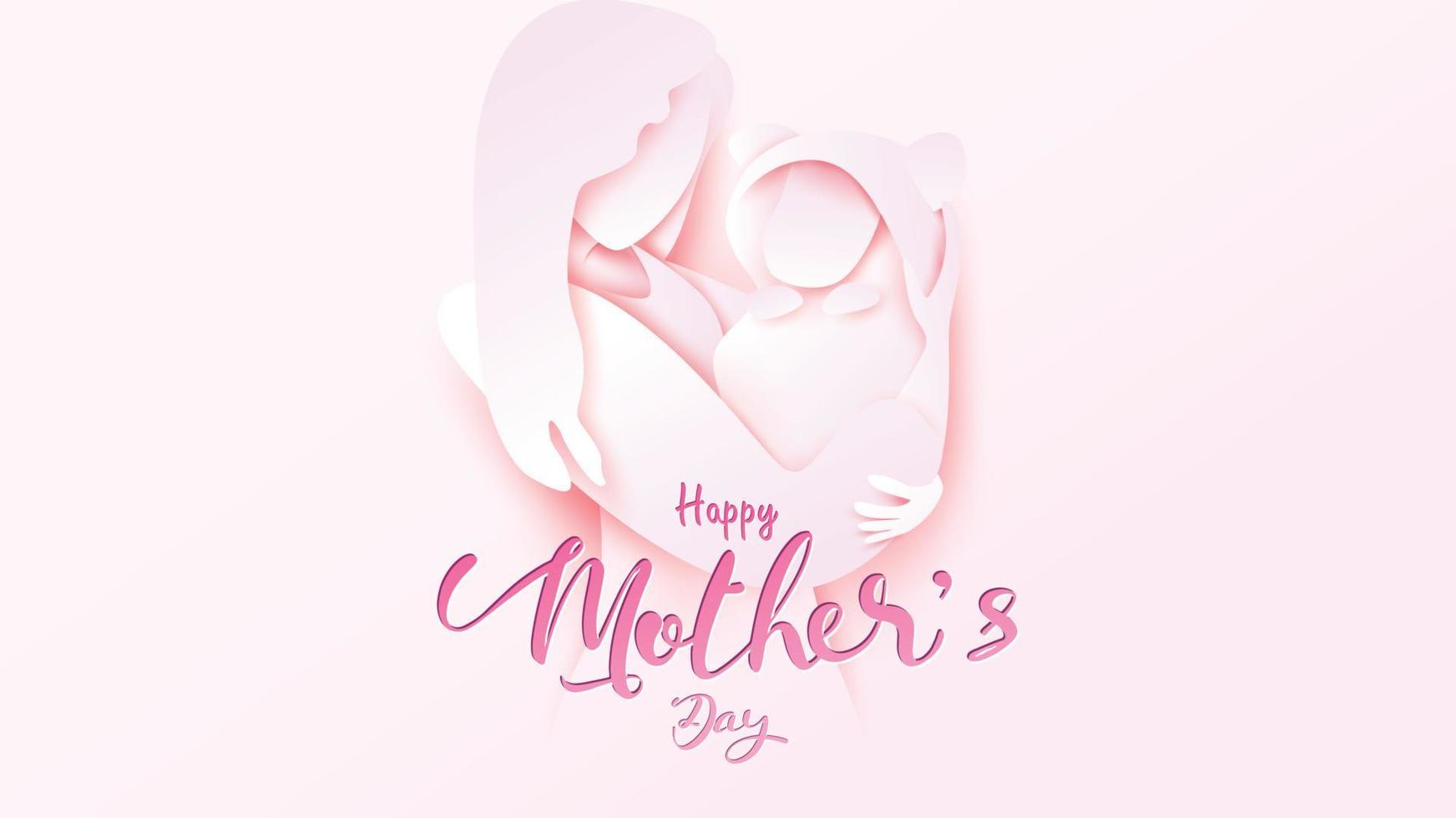 Happy mother's day greeting card. Paper cut style beautiful Mum smiling and holding healthy baby with full of happiness in pink background. Vector illustration. - vector