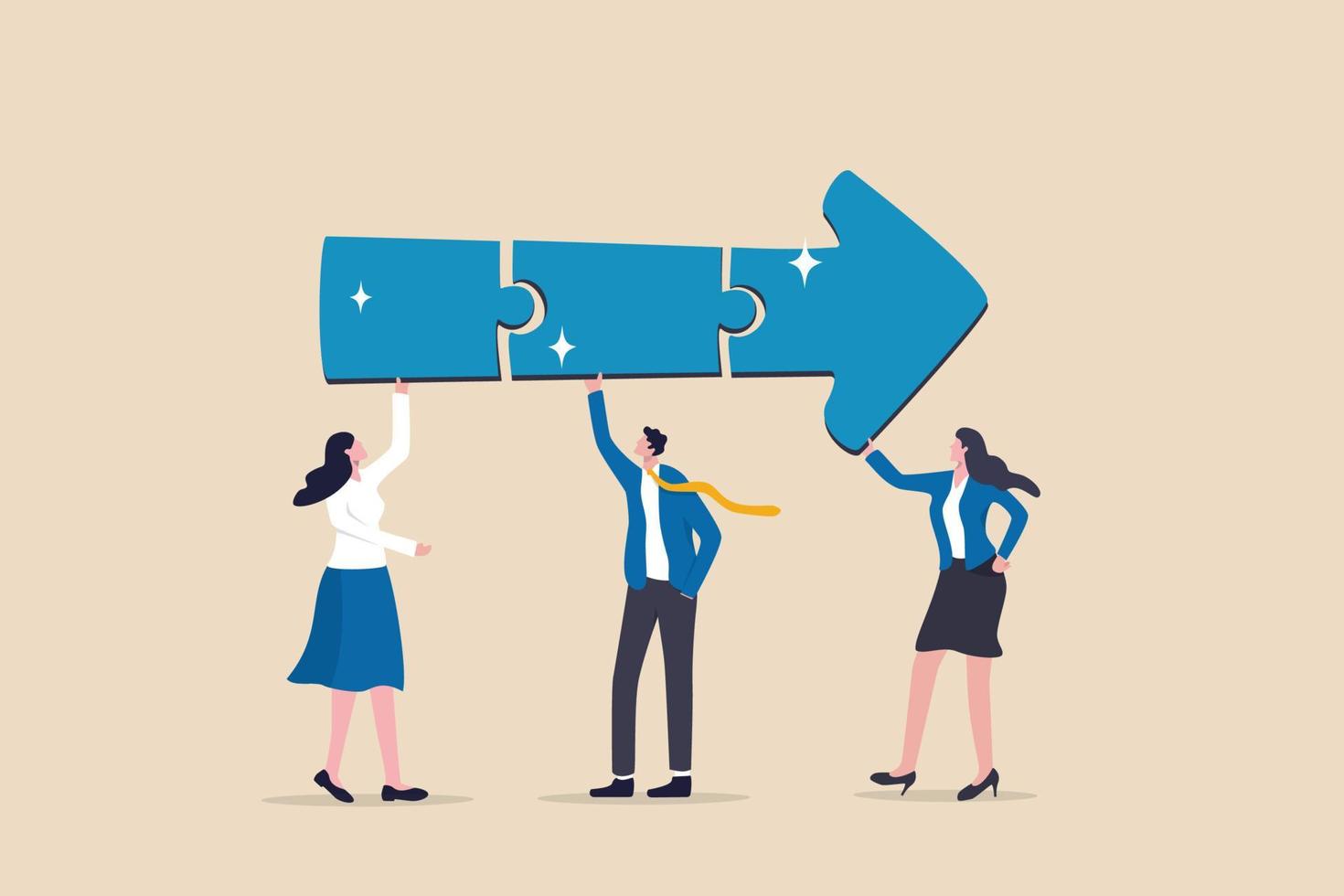 Teamwork connecting jigsaw puzzle metaphor of solving problem together, business direction or collaborate for winning and achieve success concept, business people coworkers connecting arrow jigsaw. vector