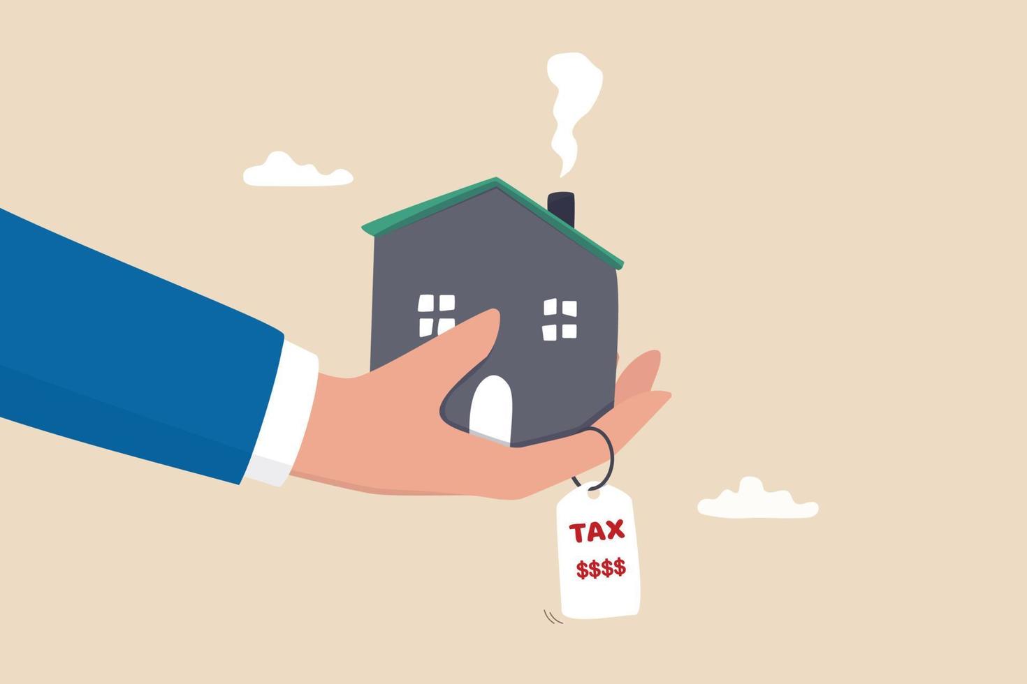 Property tax, real estate or housing payment, money or bills to pay for government concept, businessman hand holding house with the price tags showing property tax with dollar signs to pay for. vector