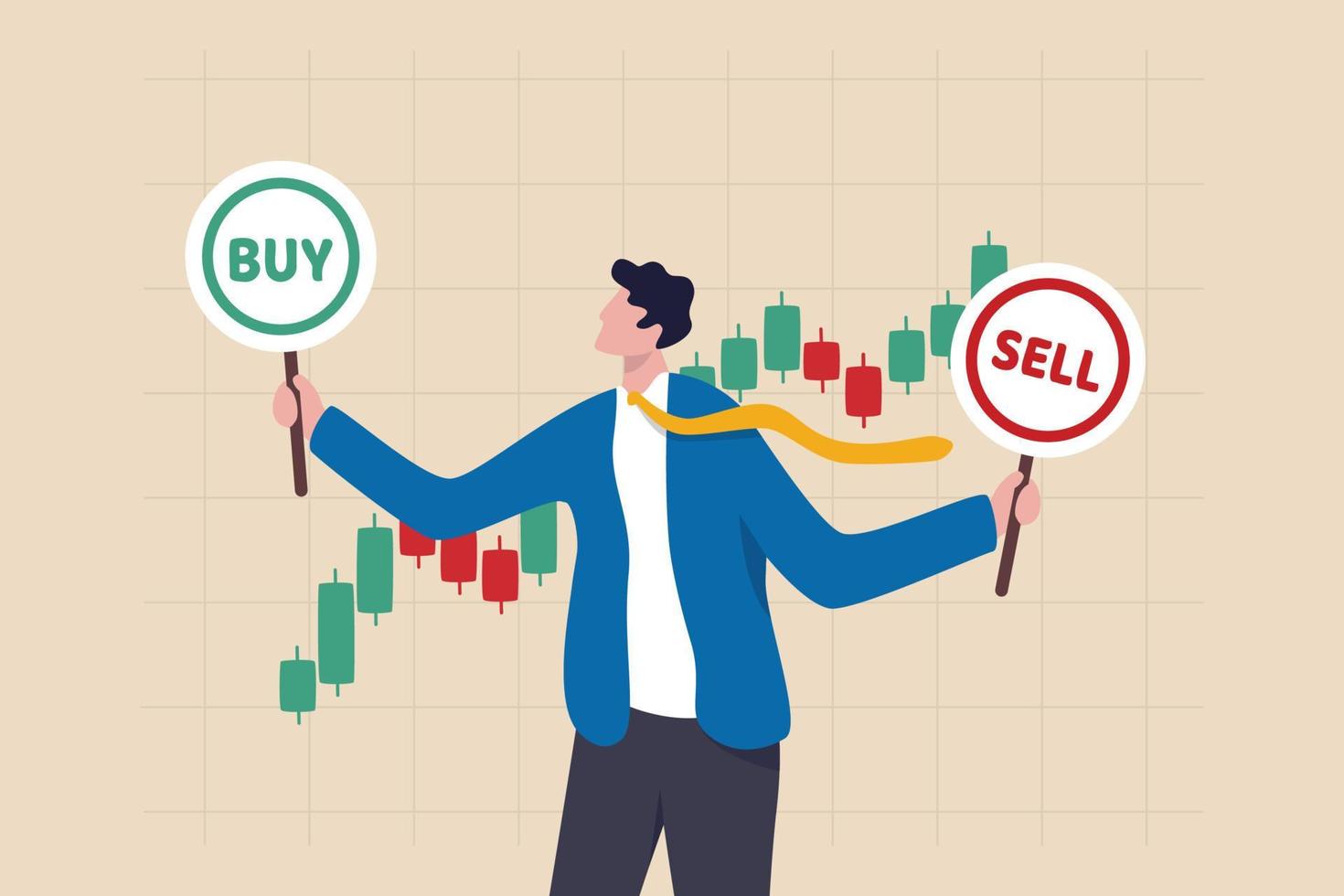 Buy or sell in stock market and crypto currency trading, investment decision, wealth management or financial concept, businessman investment analyst holding buy or sell sign with candlestick chart. vector