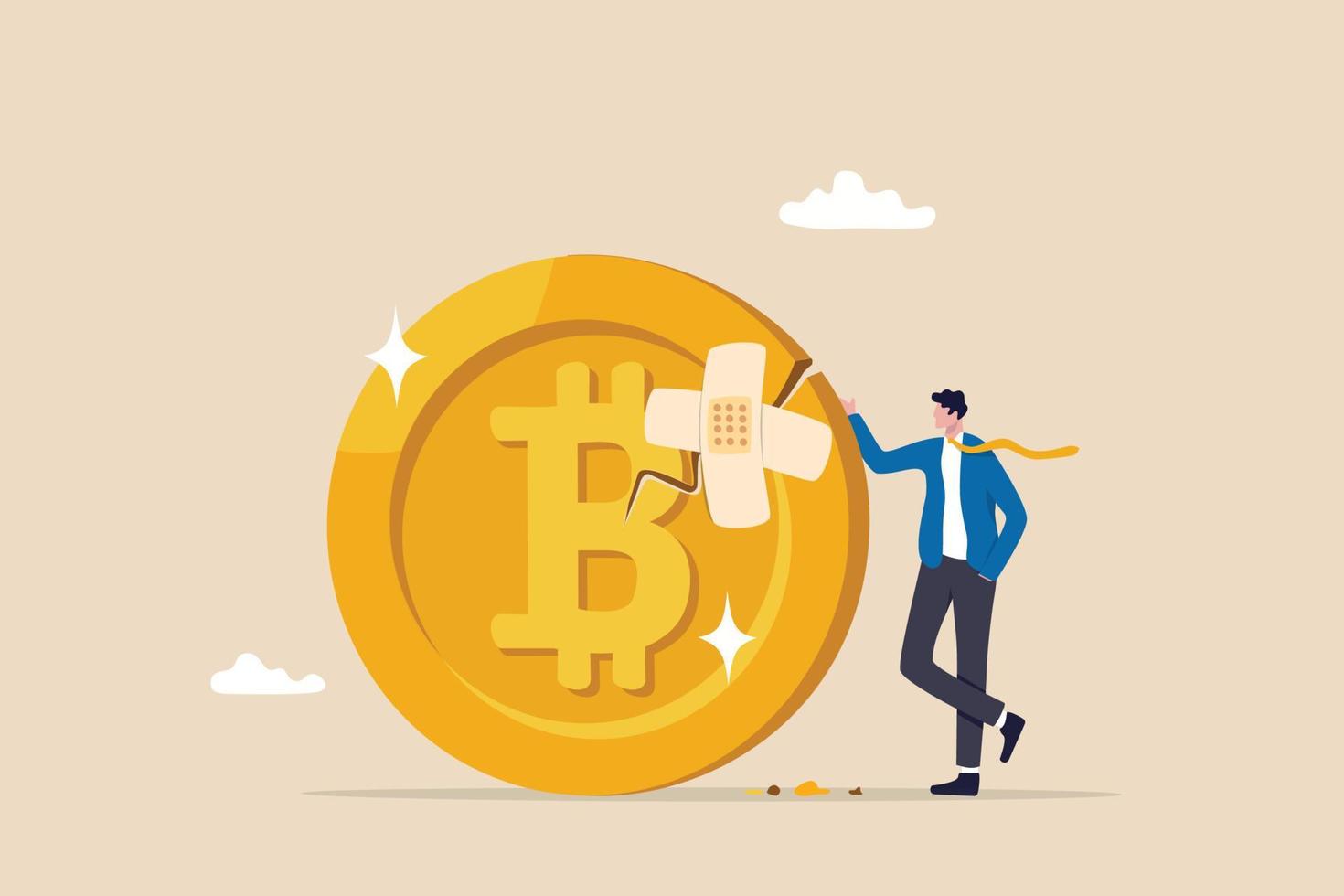 Bitcoin and cryptocurrency value return after crash or collapse, rescue or fix Bitcoin trading concept, confidence businessman investor or trader with damaged cracked down Bitcoin bandage repair. vector