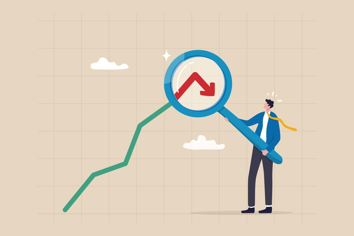 Stock market or Cryptocurrency decline, down turn or economic recession, market plunge signal, inflation or interest rate falling down concept, businessman analyst with magnifier on arrow turn down. vector