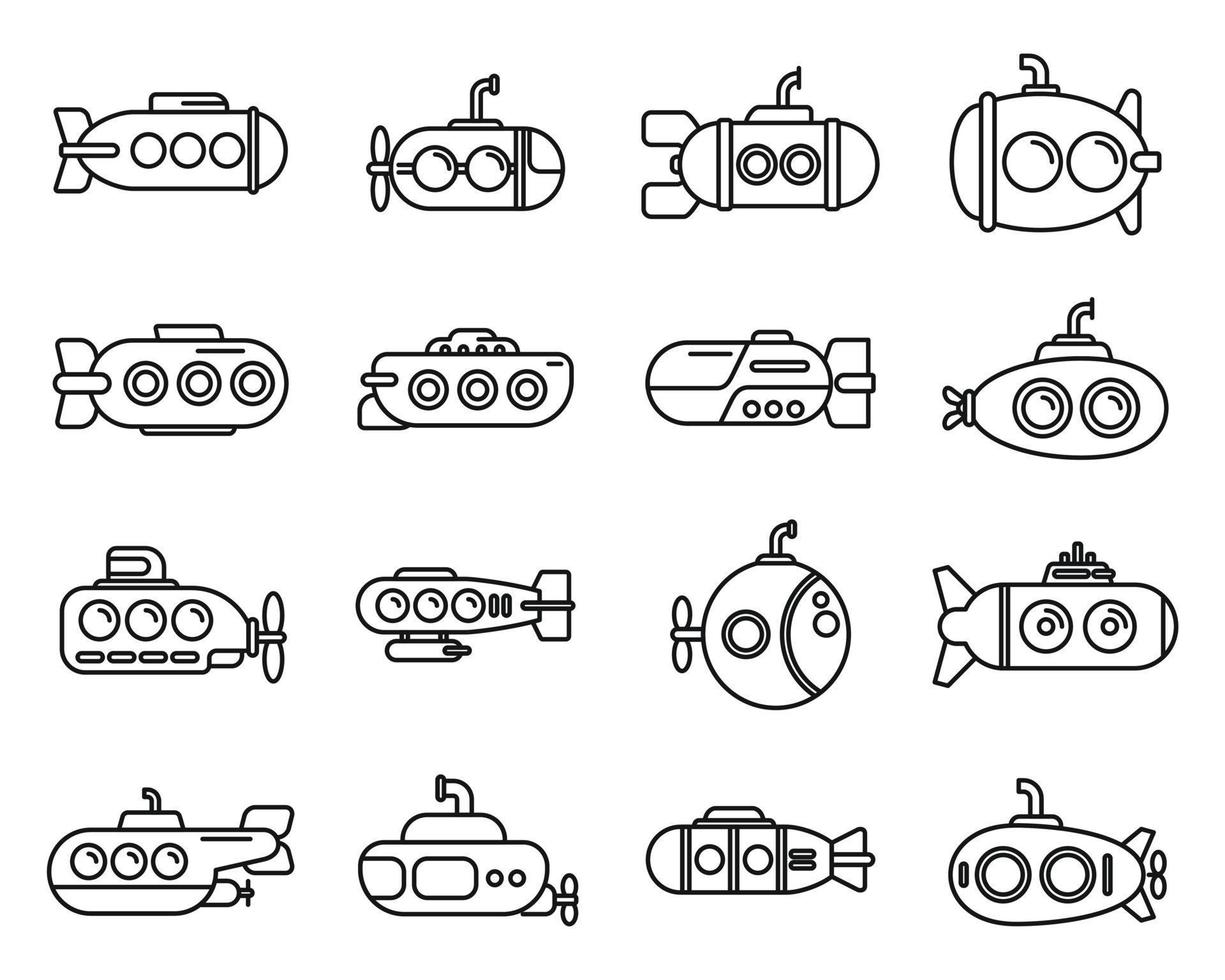 Bathyscaphe icons set outline vector. Diving submarine vector