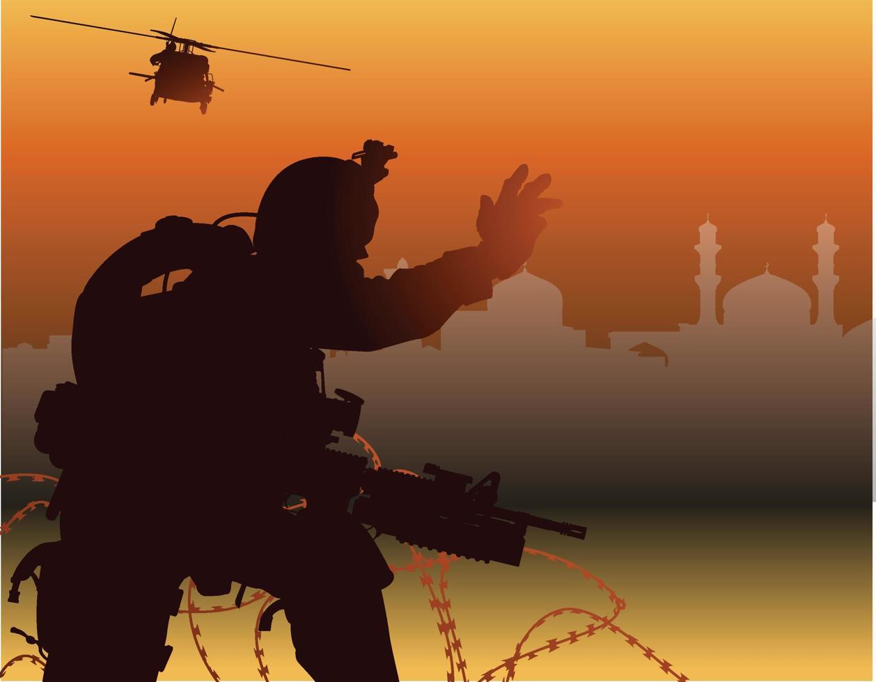 the silhouette of a soldier waiting for rescue helicopter vector