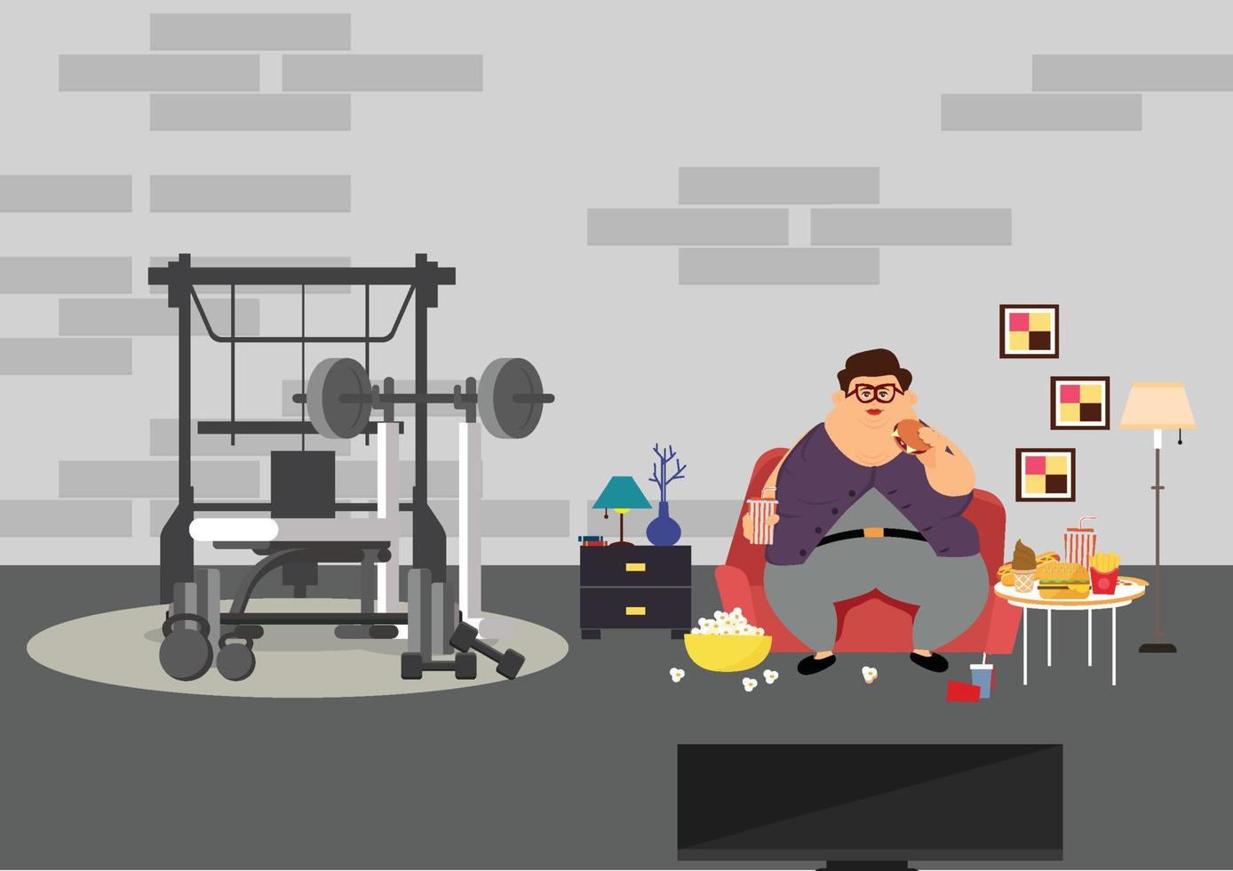 hombre gordo de dibujos animados sentado en el sofá con comida rápida vector