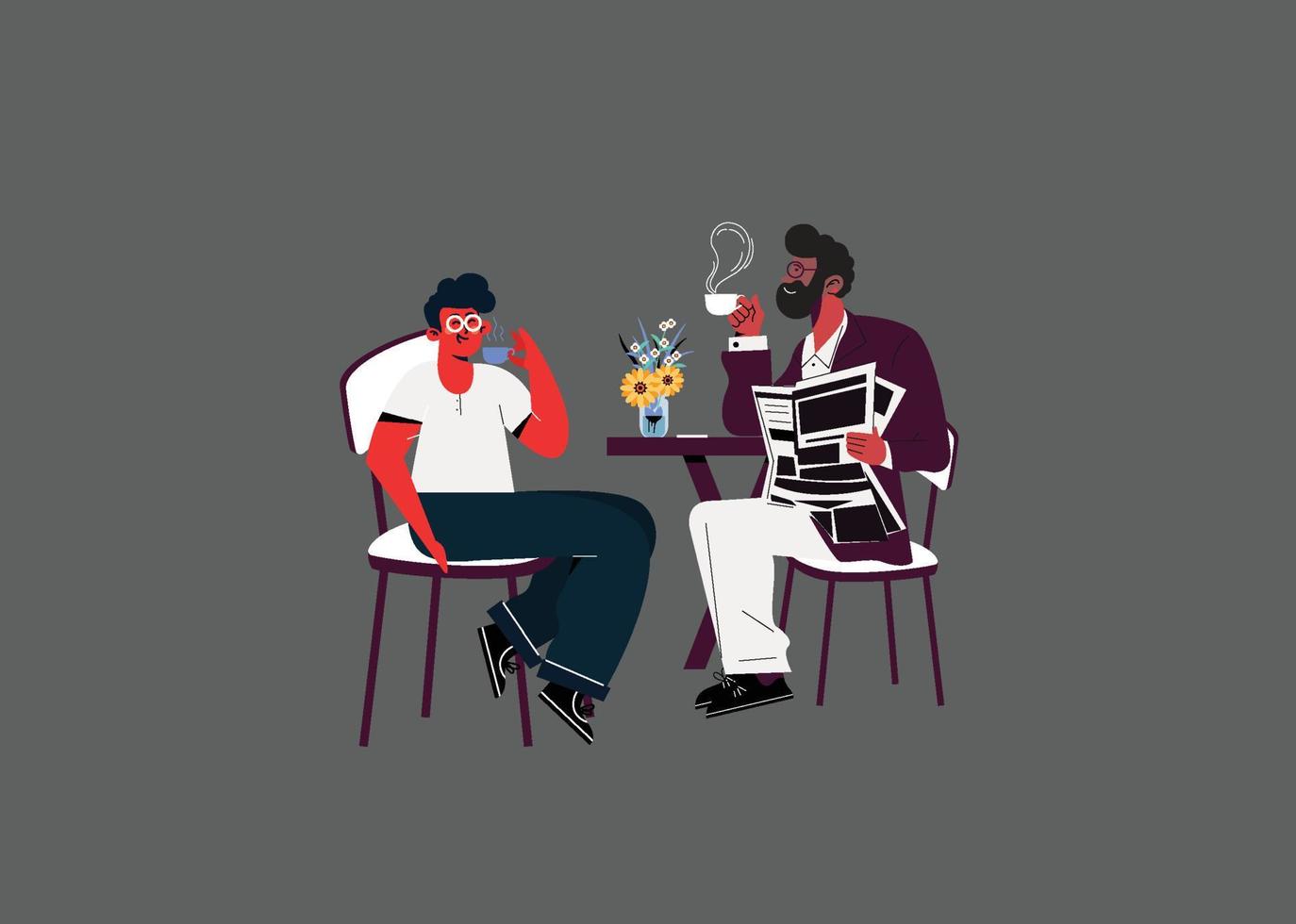 Two men drinking coffee and talking in cafe vector