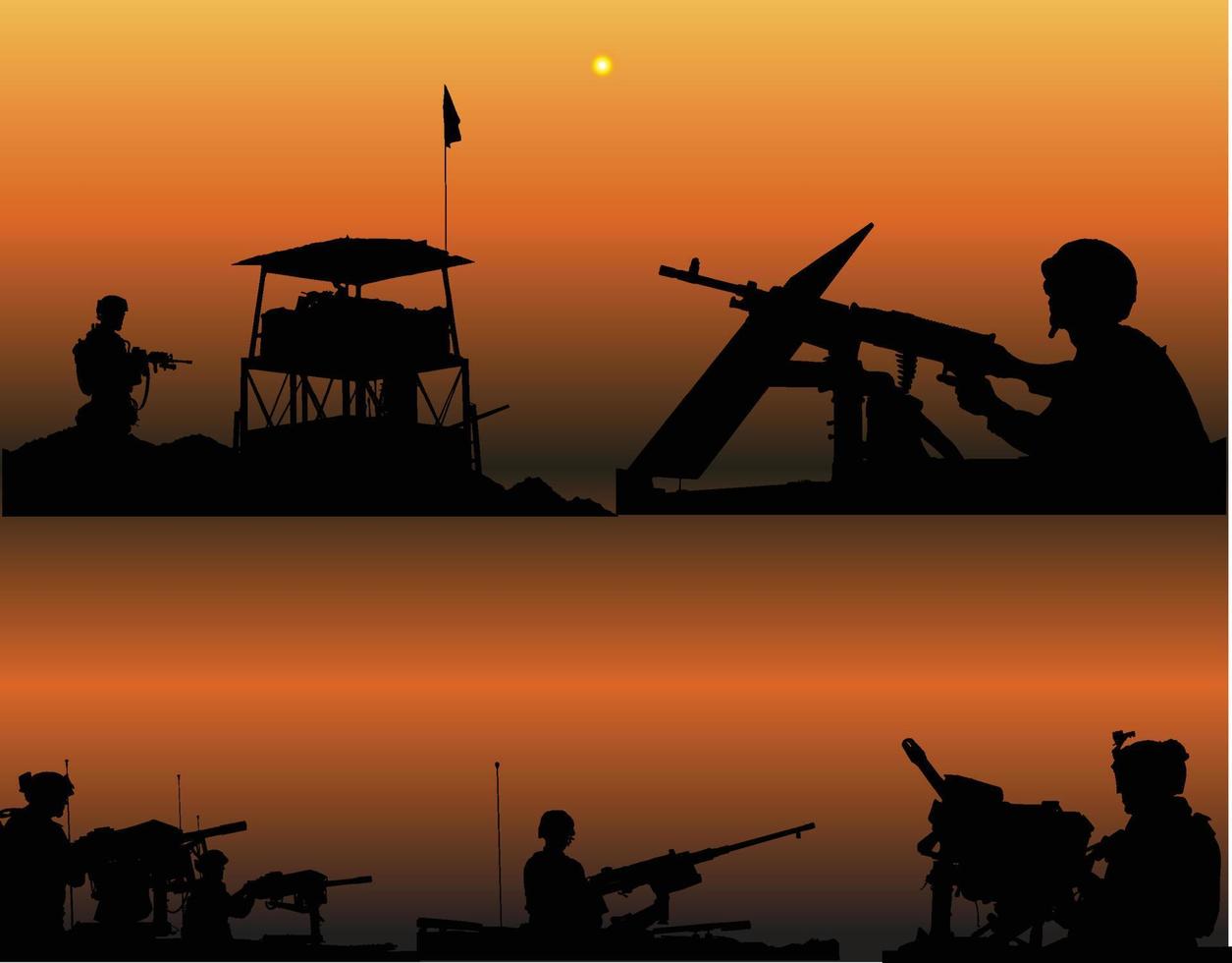 the silhouette of soldiers holding guns guard the border vector