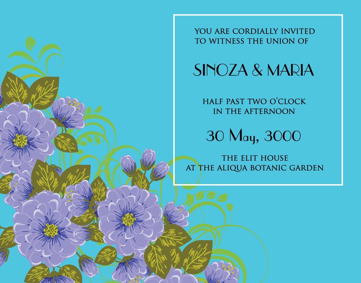 tarjeta de invitación de boda azul con decoración floral acuarela vector