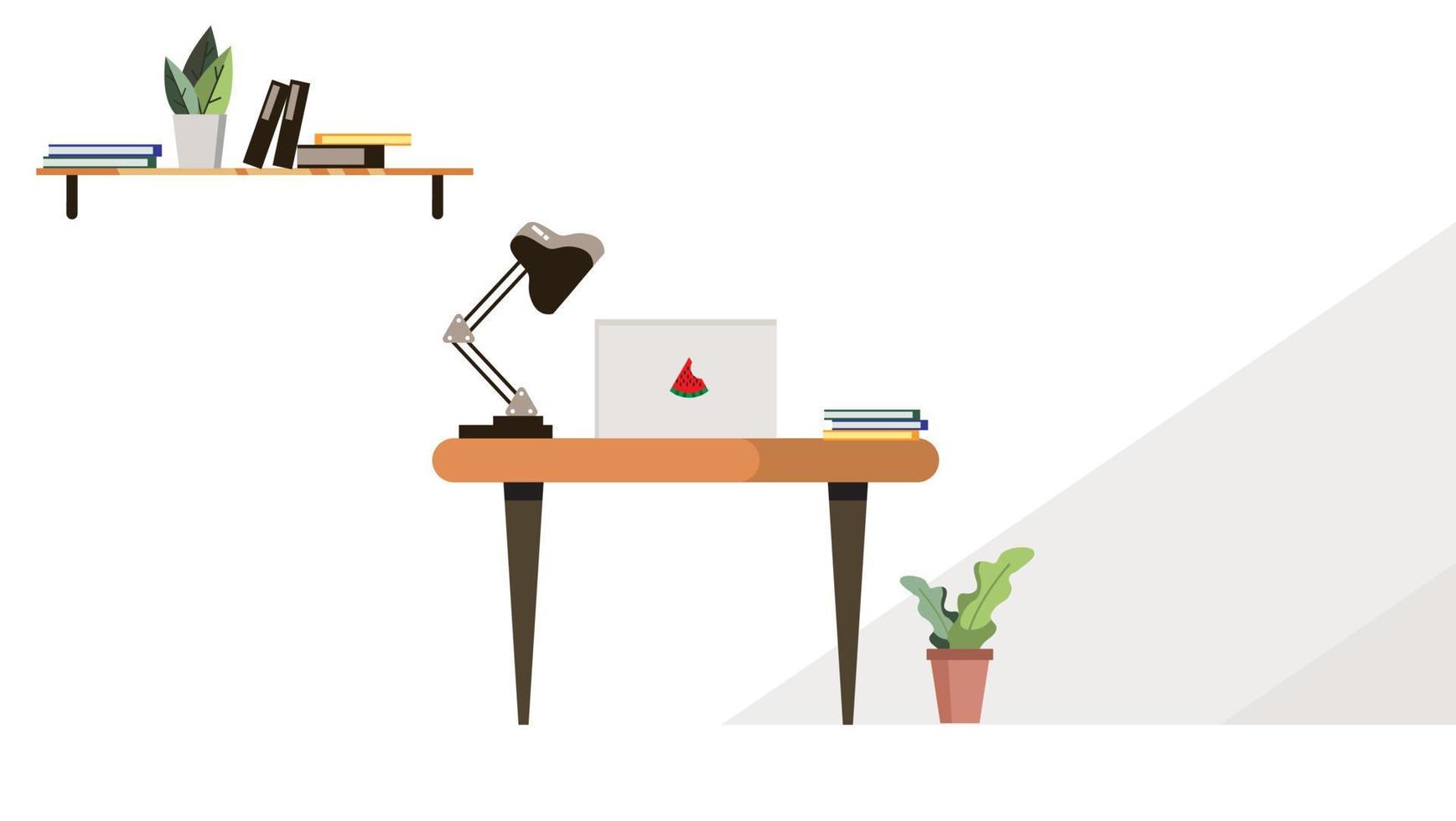 Work from home concept, flat tiny person vector illustration. Freelancer remote office workplace interior setup with desk, chair and computer