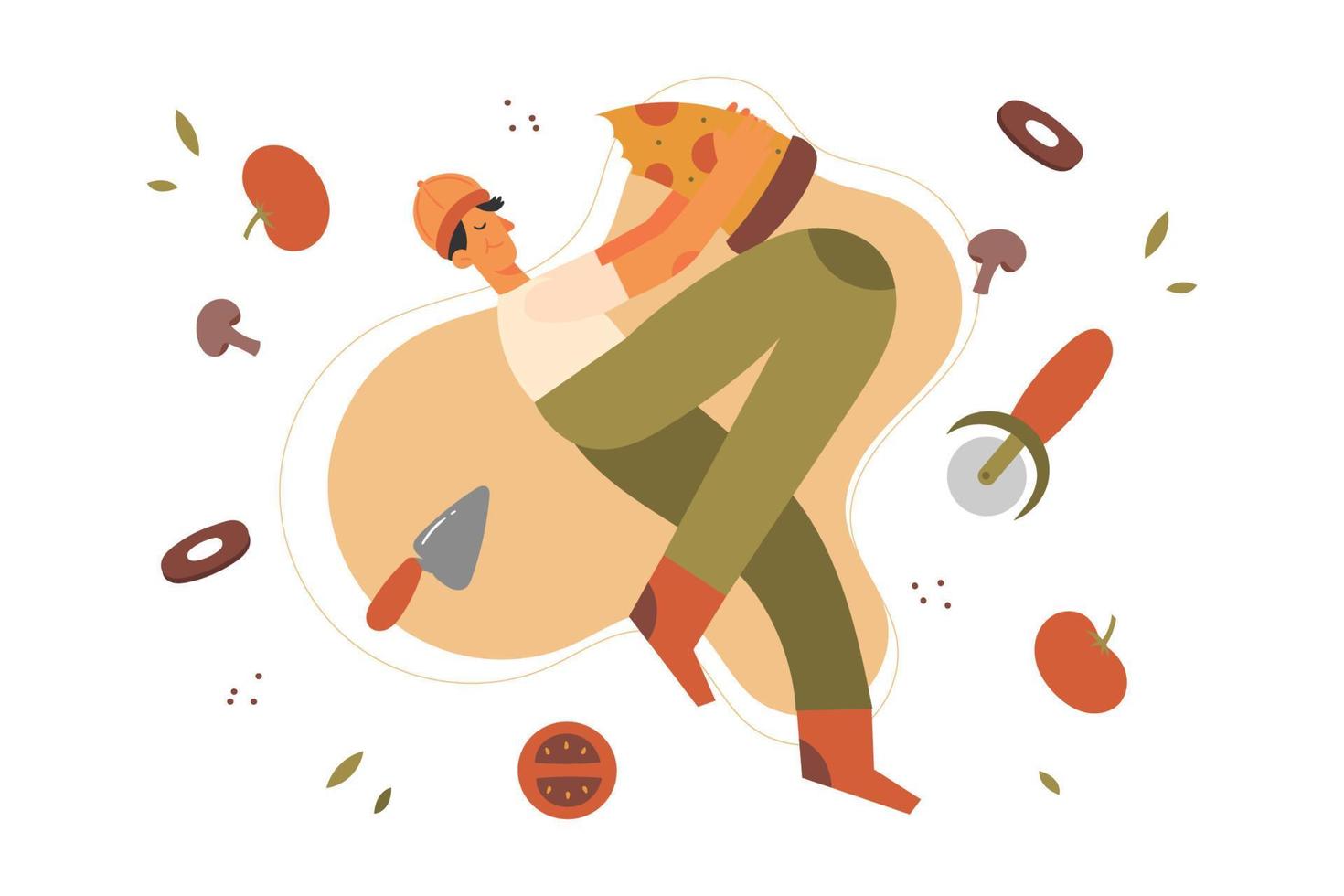 un hombre que disfruta comiendo pizza ilustración plana vector