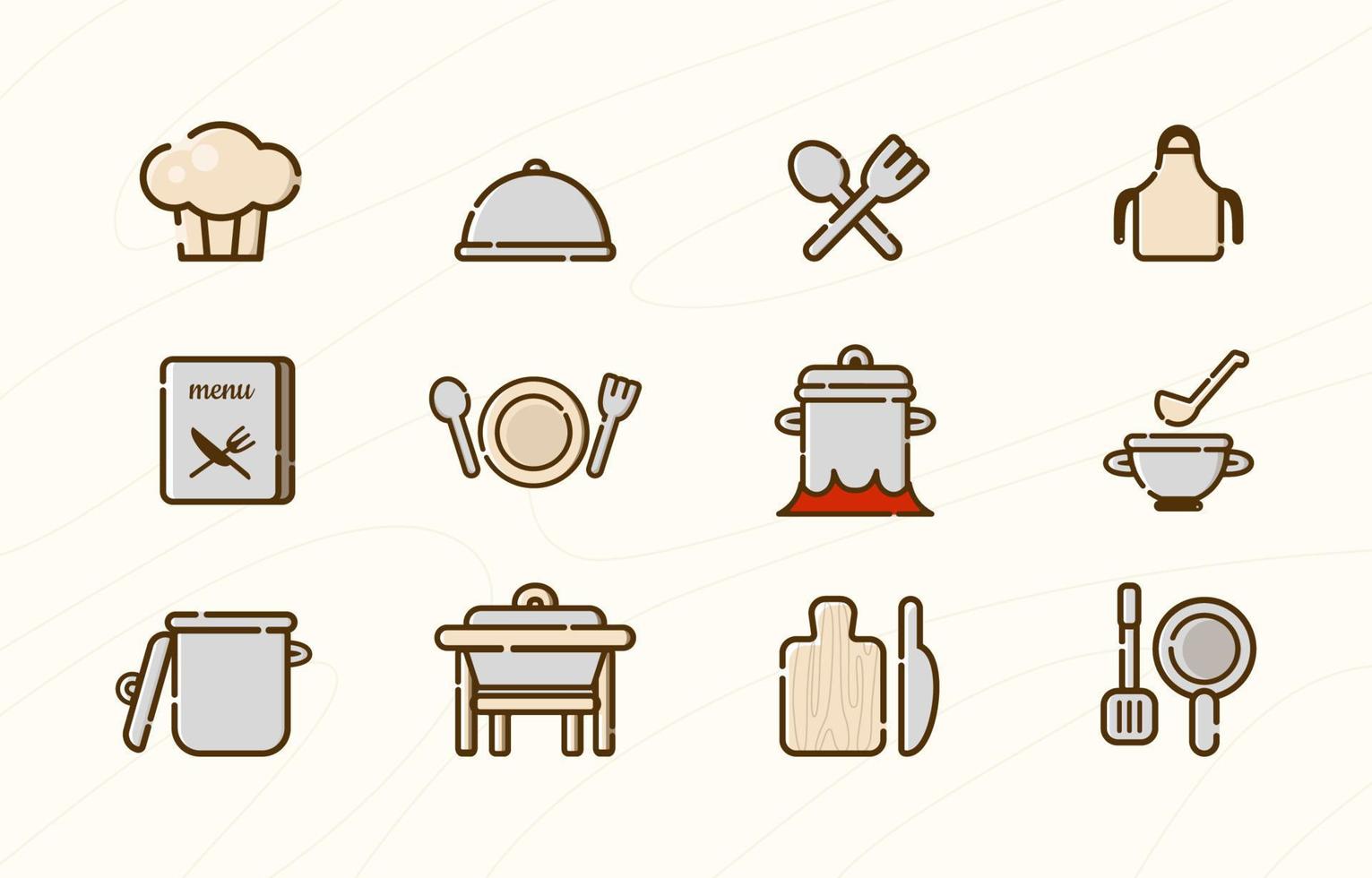 Cute Catering Icon Set with Outline Style vector