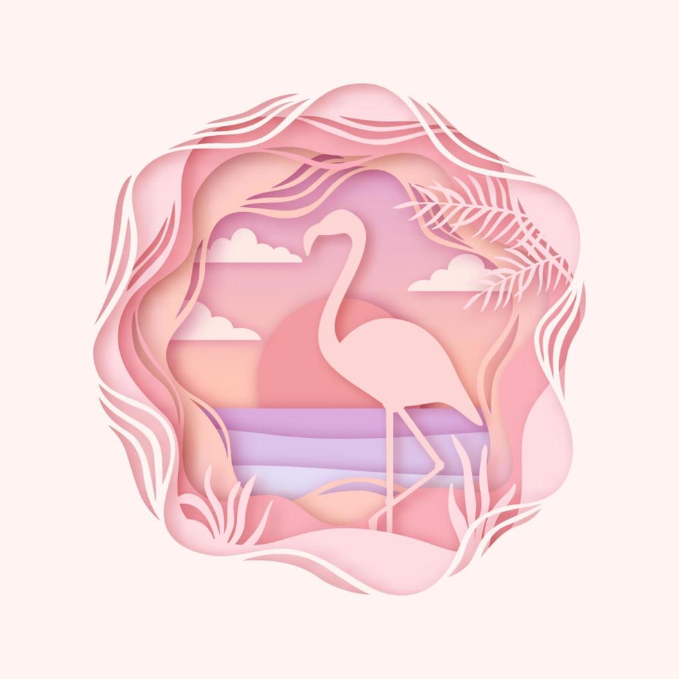Silhouette of flamingo in origami style. Paper cut tropical landscape. Sunset on the coast. Vector illustration.
