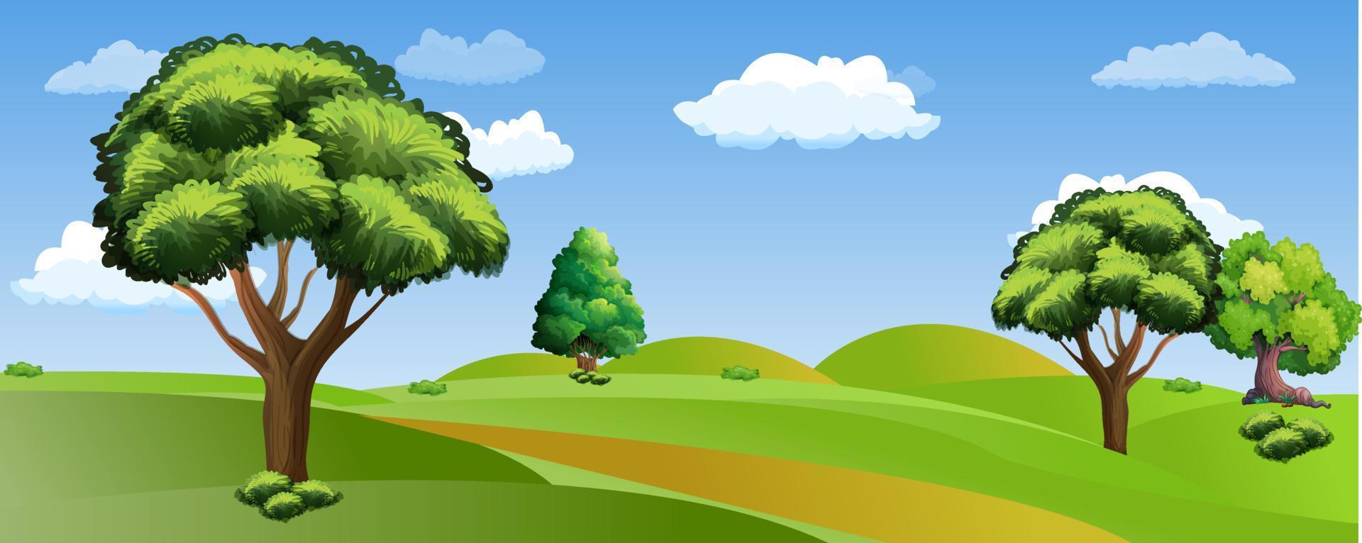 ilustración vectorial de un hermoso paisaje de campos de verano con un amanecer, colinas verdes vector