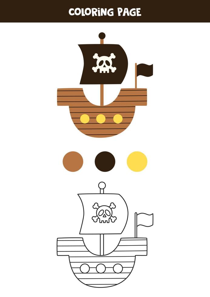 barco pirata dibujado a mano en color. hoja de trabajo para niños. vector