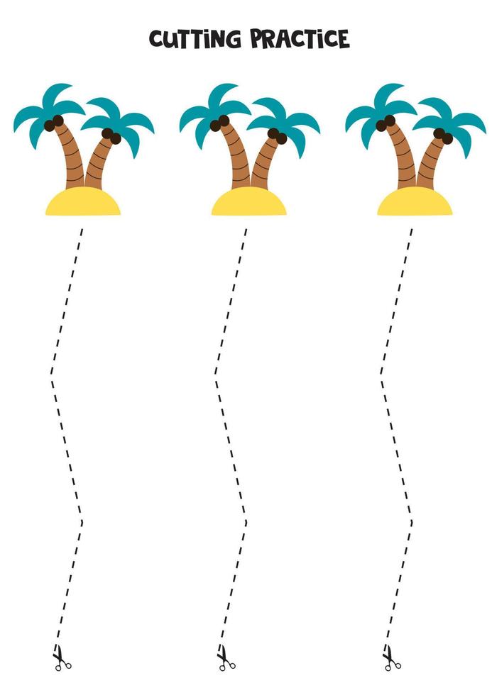 Cutting practice for children with palms on island. vector